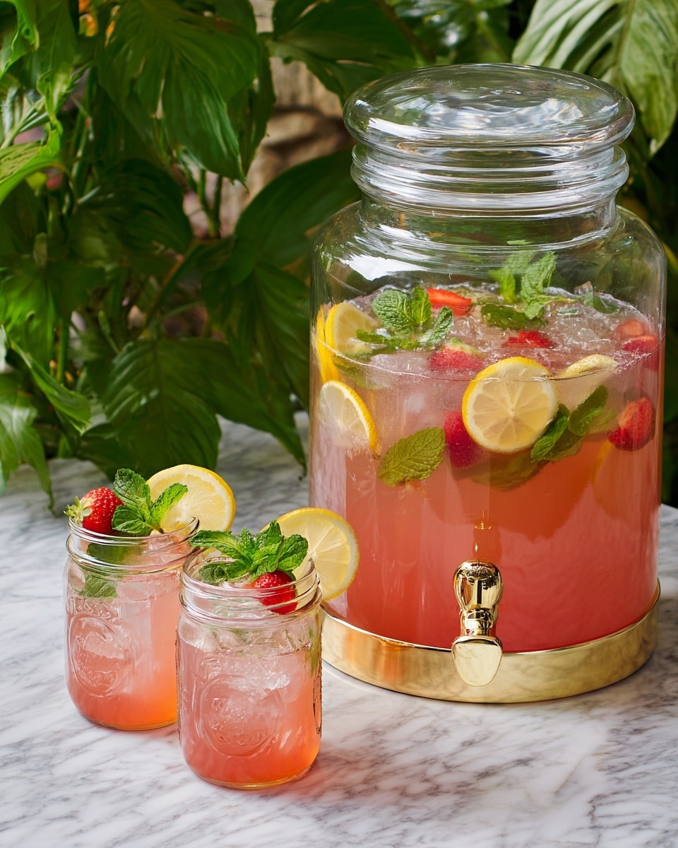 A large clear glass dispenser filled with pink lemonade ice drink sits on a white surface with green leaves in the background. Inside the dispenser, visible layers include floating ice cubes at the top, thin orange slices and halved strawberries mixed throughout the pink lemonade liquid, creating a colorful and refreshing look. Two clear mason jar glasses in front are filled with the same pink lemonade and ice, each glass is decorated at the rim with a slice of lemon, half of a strawberry, and a sprig of fresh green mint. The scene is bright and fresh, with natural light highlighting the colors and textures. photo taken with an iphone --ar 4:5 --v 7