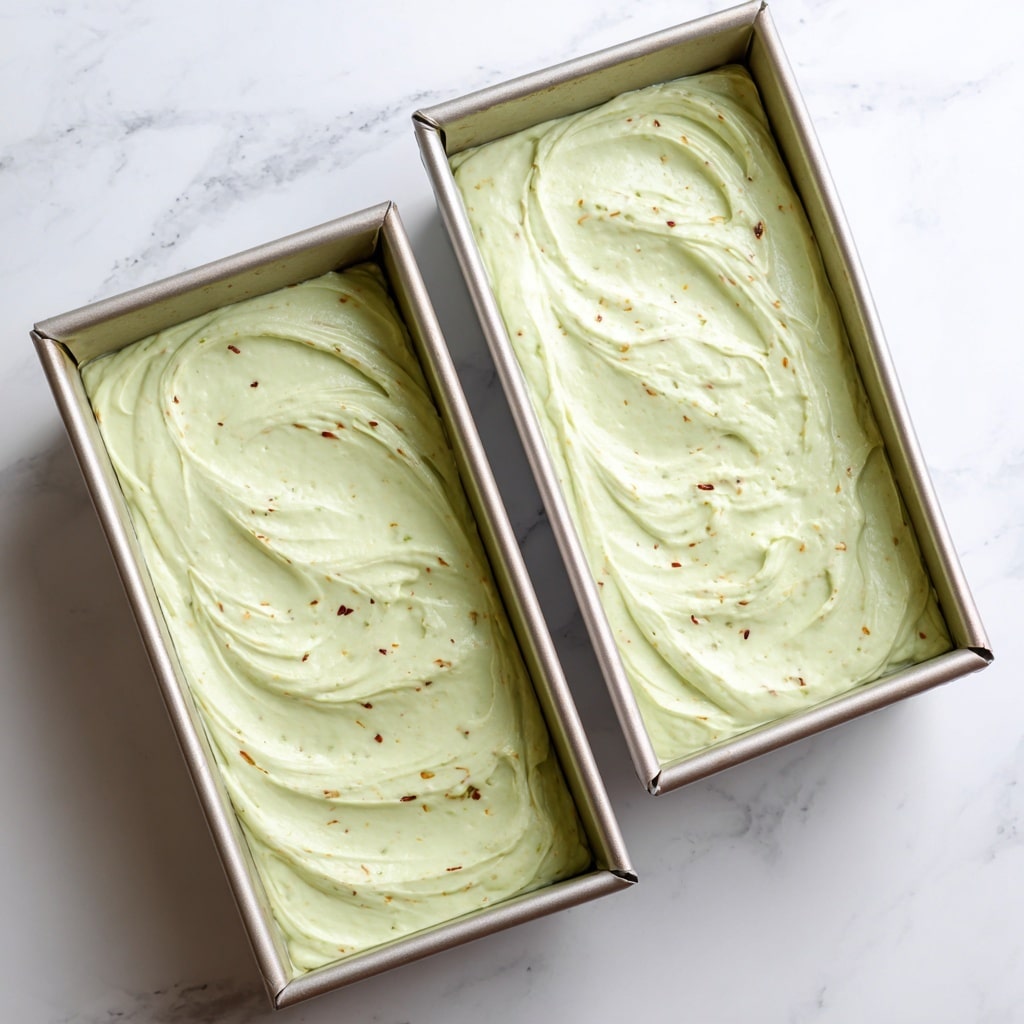 The image shows two rectangular silver baking pans placed on a white marbled texture. Each pan is filled with a smooth, pale green batter, slightly uneven on top with soft swirls and tiny brown specks scattered within. The batter nearly fills each pan, with the texture appearing creamy and thick, ready to be baked. The sides of the baking pans have a slightly textured pattern. photo taken with an iphone --ar 4:5 --v 7