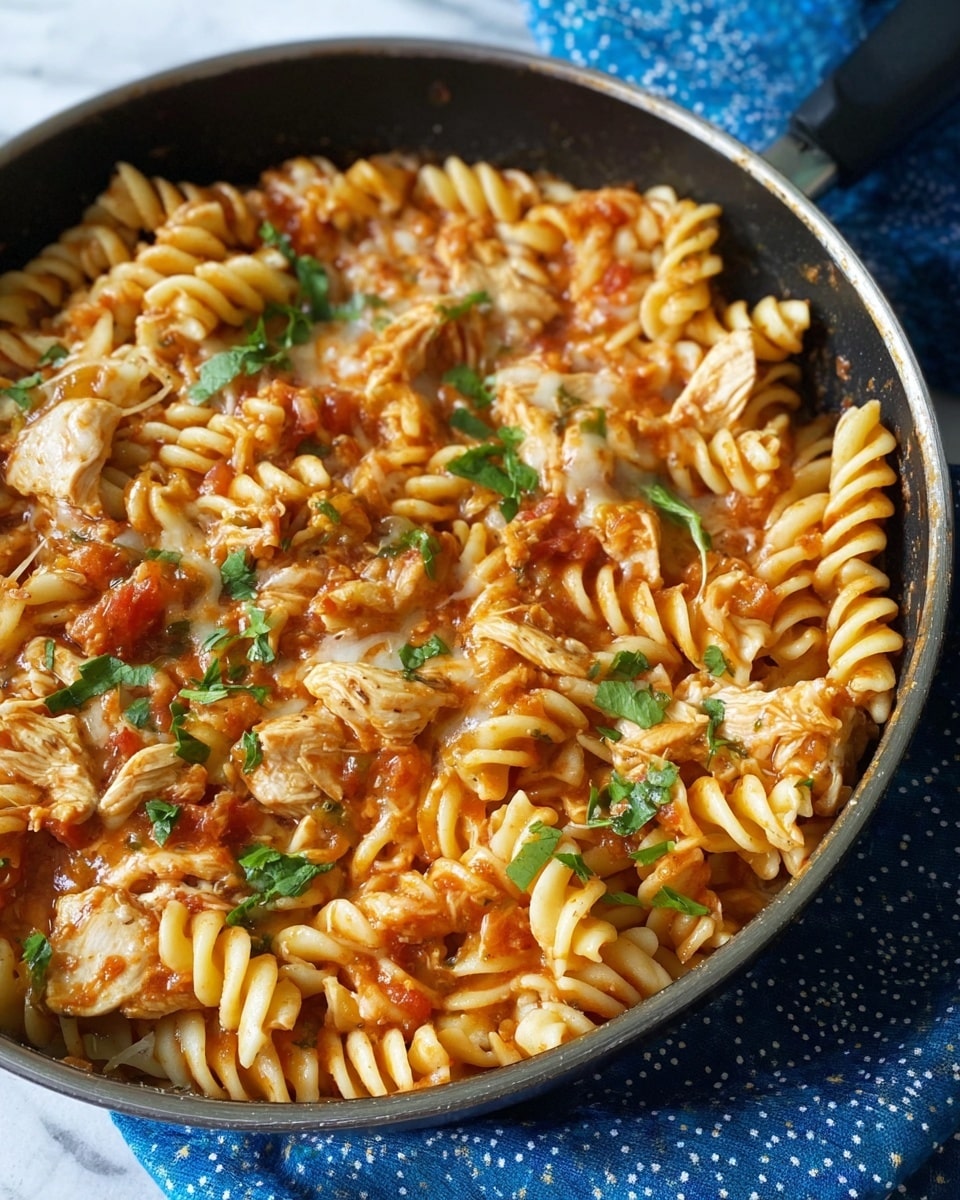 A close-up of a black pan filled with spiral pasta mixed with chunks of cooked chicken, all coated in a light red tomato sauce. The pasta is pale yellow and soft, with some melted cheese strands melted in between. Fresh green herb leaves are scattered on top as garnish. A blue cloth with white patterns lies next to the pan, and the background is a white marbled texture. photo taken with an iphone --ar 4:5 --v 7