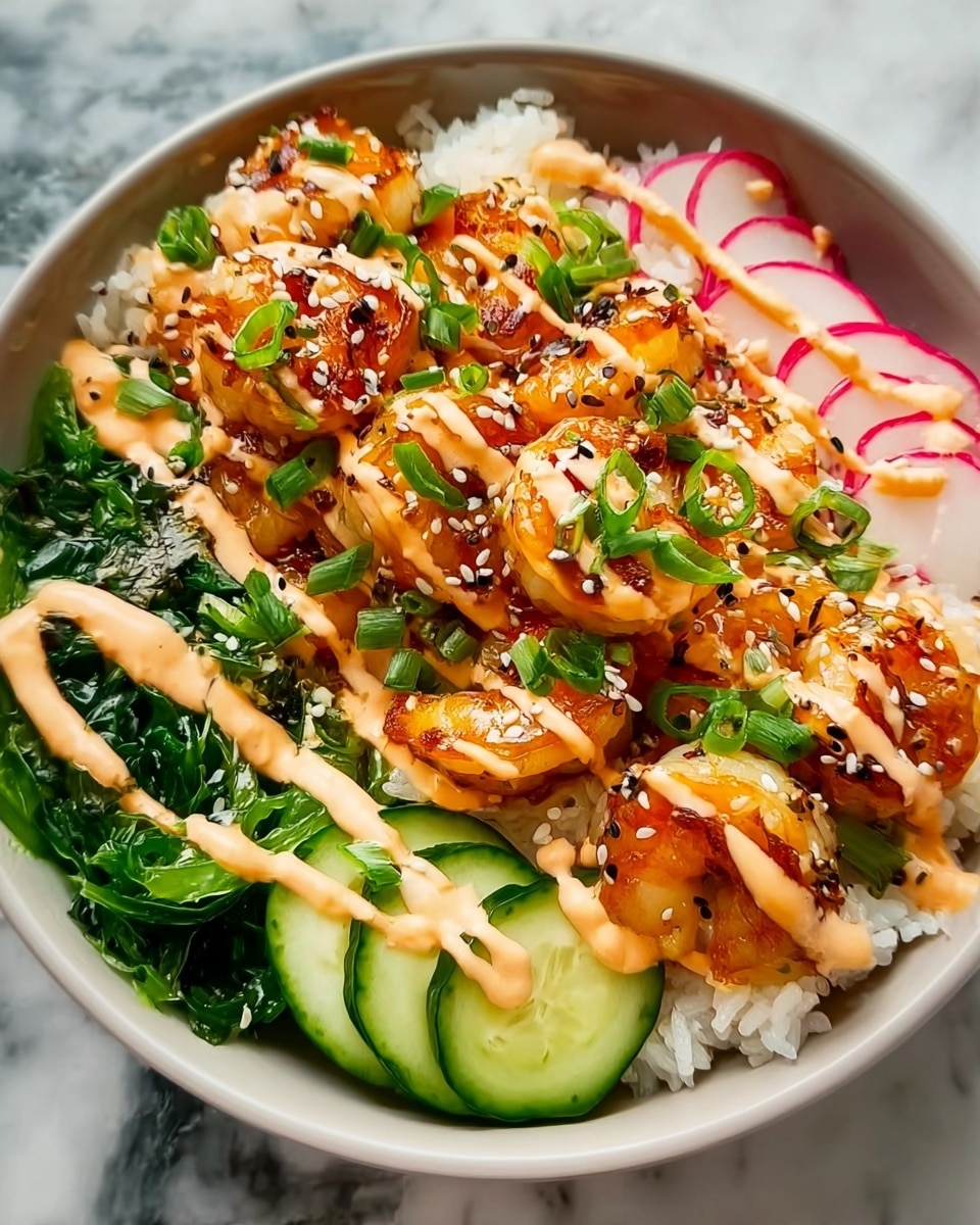 The image shows a bowl of food with white rice as the bottom layer, topped with golden-brown grilled pieces of chicken covered in a shiny, reddish-orange sauce. Scattered green chopped scallions and white sesame seeds are sprinkled over the chicken. Around the chicken, there are layers of fresh green lettuce, thinly sliced light pink radishes, and sliced cucumbers with a soft orange sauce drizzled on them. The bowl is white, and the background is a white marbled texture. photo taken with an iphone --ar 4:5 --v 7