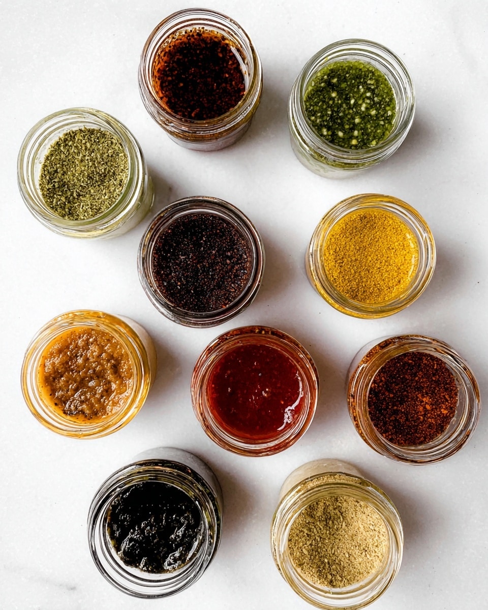 The image shows ten clear plastic bags arranged in a grid on a white marbled surface. Each bag contains different marinated meats or sauces with various colors and textures. On the top left, there is a bright yellow sauce, next to a brown sauce with large pieces of meat. Below the yellow sauce is a deep red marinade covering meat, followed by a bag with creamy white sauce with green herbs. The third row from the top has a greenish marinade with small herbs, next to a light brown marinade with meat. Below that is a dark brown sauce with meat, next to a lightly colored piece of meat with a darker spice rub. The bottom row has a green herb-based sauce on the left and a dark red marinade on the right. All bags are tightly sealed with visible condensation and some air trapped inside. photo taken with an iphone --ar 4:5 --v 7