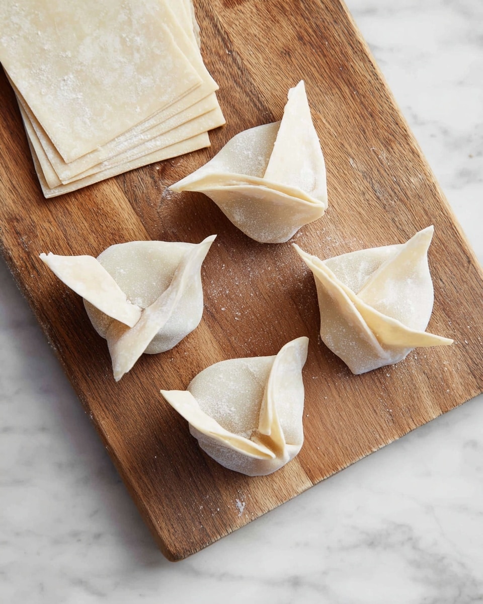 A wooden cutting board on a white marbled surface holds thin, square sheets of light beige dough stacked in the top left corner, showing a slightly powdery texture. Below the stack, five pieces of the dough are folded into small, open pouches with soft, folded layers creating a slightly rounded and uneven shape. The dough has a soft, matte look with some translucent spots, and the folds vary slightly in size and angle, showing gentle creases and texture. One piece of dough is partly visible at the bottom right edge of the image. photo taken with an iphone --ar 4:5 --v 7