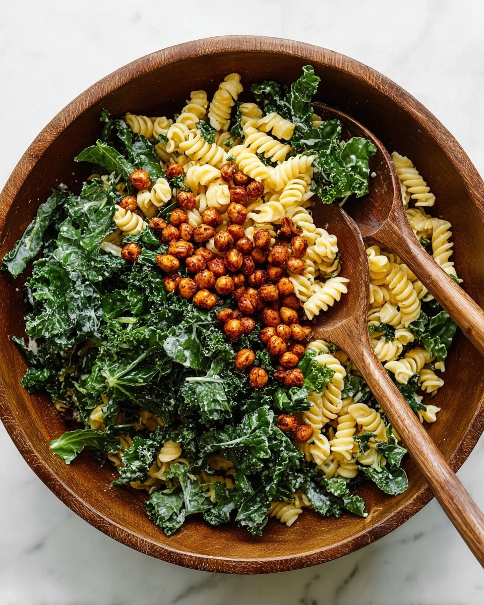 A wooden bowl holds a fresh pasta salad with three main layers; the bottom layer is creamy light yellow spiral pasta, the middle layer consists of dark green, roughly torn kale leaves with a slight glossy texture, and the top layer features small crispy roasted chickpeas with a reddish-brown color, adding a crunchy look. Two wooden spoons rest inside the bowl, partly buried in the salad. The bowl sits on a white marbled surface. photo taken with an iphone --ar 4:5 --v 7