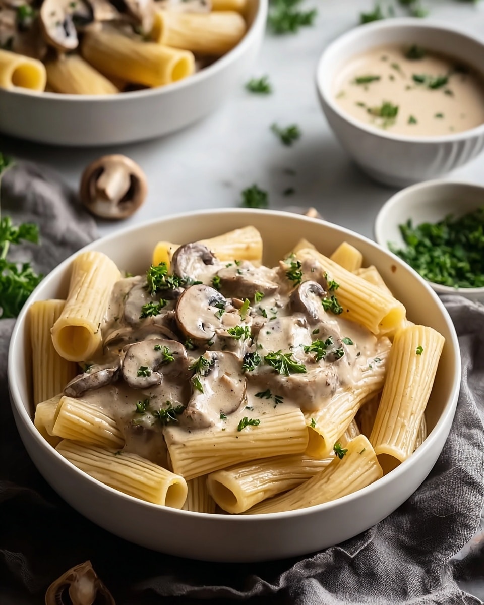 A white bowl filled with rigatoni pasta in two layers, the bottom layer showing light yellow pasta tubes and the top layer covered with creamy light tan mushroom sauce with visible sliced brown mushrooms and sprinkled green parsley, garnished with extra parsley pieces on top; the bowl sits on a soft grey cloth on a white marbled surface, with a smaller white bowl containing more sauce and a small white bowl with few rigatoni pieces and mushrooms nearby, all creating a cozy and fresh look. Photo taken with an iphone --ar 4:5 --v 7