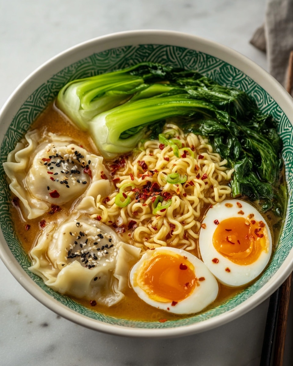 A close-up of a bowl of ramen with three main layers: the base layer is light golden broth filling the bowl, the middle layer is curly, yellow noodles sitting on the right side, and on the left side, two pale beige dumplings sprinkled with black and white sesame seeds and red chili flakes. On top, bright green bok choy leaves are arranged in a fan shape towards the back, and a halved soft-boiled egg with a slightly runny, vibrant orange yolk and small red chili flakes rests near the center. The bowl is white with a blue scallop pattern on the outside, and the setup is placed on a white marbled surface. photo taken with an iphone --ar 4:5 --v 7