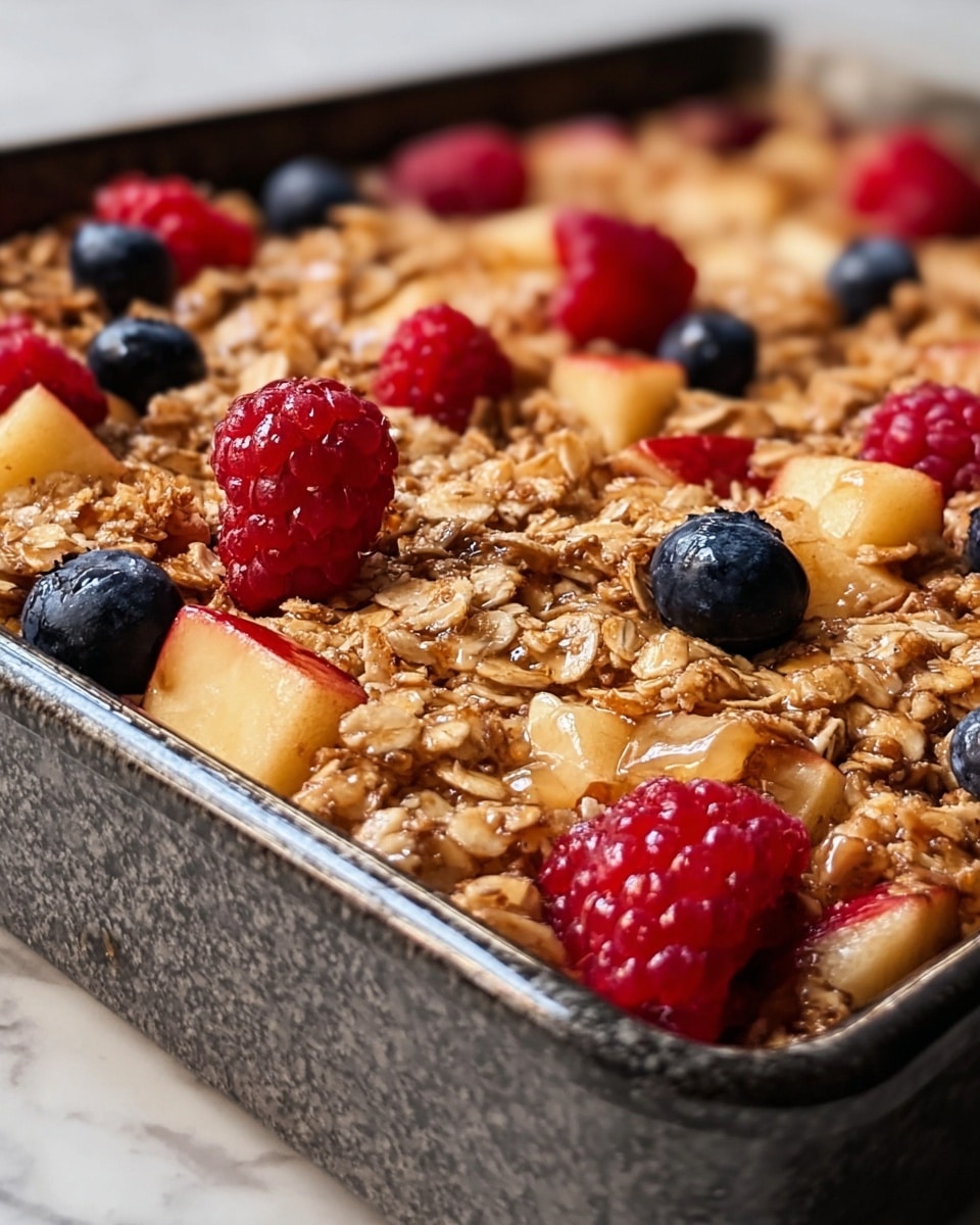 A close-up view of a baked oatmeal dish in a dark metal tray shows a top layer made of oats that look crunchy and golden brown, mixed with small pieces of light yellow apple. Scattered across the top are whole fresh raspberries, bright red with textured surfaces, and smooth, round blueberries in a deep blue color. The oats have a slightly rough texture and are unevenly spread, making the berries stand out clearly on top. The tray sits on a white marbled surface, adding a clean and bright background to the warm colors of the dish. photo taken with an iphone --ar 4:5 --v 7