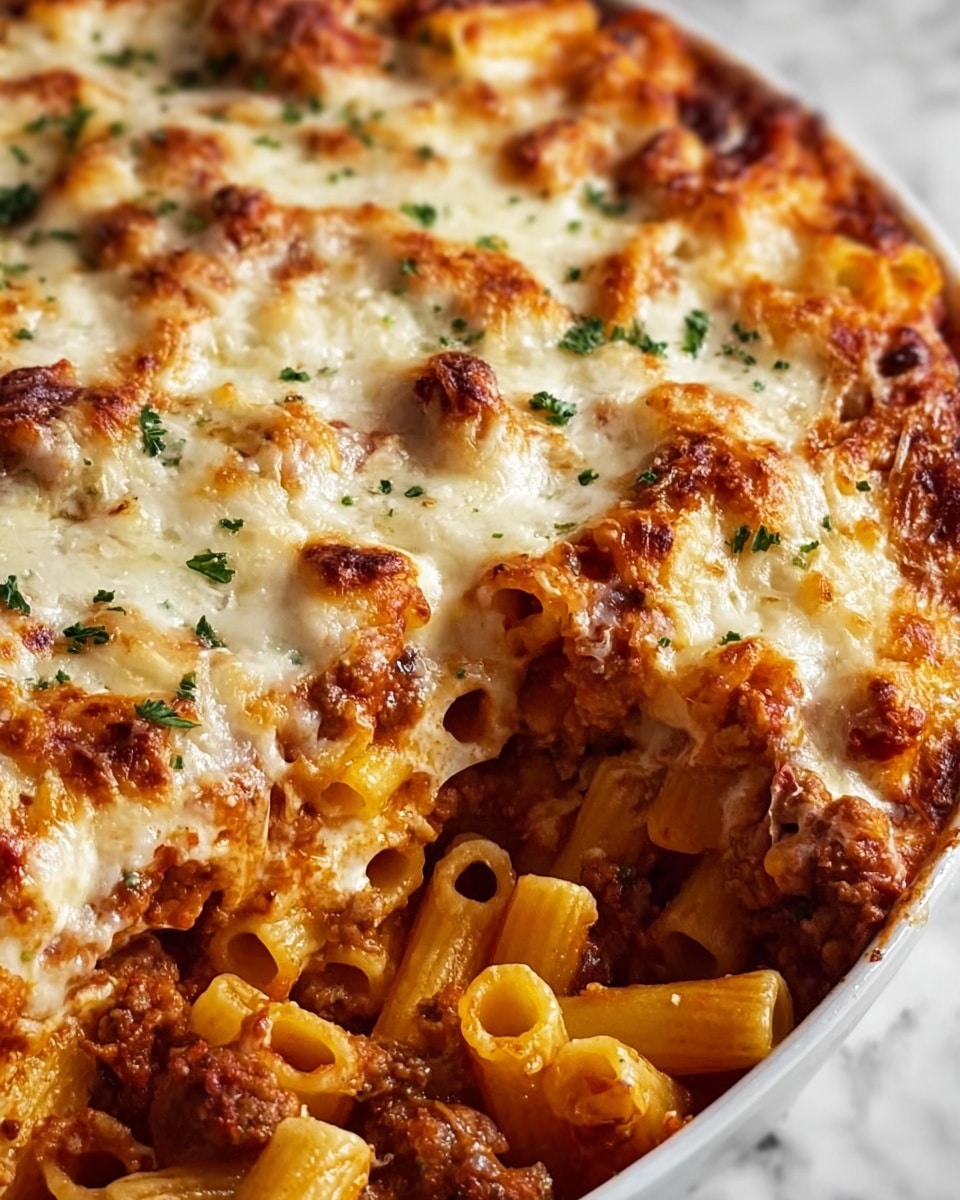 The image shows a close-up of baked pasta arranged in one thick layer. The bottom layer has cooked pasta tubes mixed with a chunky red meat sauce. Above this, there is a thick layer of melted creamy white cheese, browned in spots from baking, and sprinkled with small green herb pieces. The whole dish is placed on a white marbled surface. photo taken with an iphone --ar 4:5 --v 7