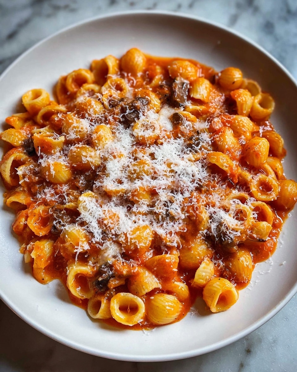 The dish is served on a white plate with a thin brown rim, placed on a white marbled textured surface. It consists of one thick layer of small shell-shaped pasta coated in a bright orange tomato-based sauce with visible small dark mushroom pieces scattered throughout. The pasta is topped evenly with a generous layer of finely grated white cheese, which creates a soft, light, and fluffy texture covering most of the pasta. The close-up view shows the glossy, smooth sauce clinging to the curved pasta shells, highlighting the rich orange and white contrast from the cheese. Photo taken with an iphone --ar 4:5 --v 7