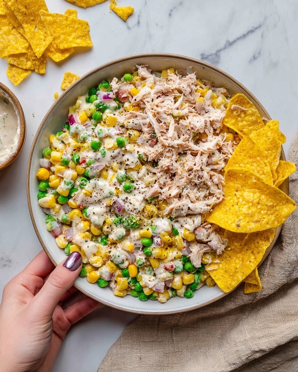 A white bowl filled with a mixed salad containing four main layers: the bottom is mostly yellow and crushed tortilla chips, the middle layer is a vibrant mix of green peas, yellow corn, tiny white beans, and finely chopped red onion, while the top layer features shredded light brown tuna. The salad has a creamy white sauce drizzled lightly over it and is sprinkled with black pepper. On the right side of the bowl, several whole yellow tortilla chips stand out, and a woman's hand with neatly manicured nails holds the bowl on the left side. The setting is on a white marbled surface with a beige cloth and some chips scattered on it. Photo taken with an iphone --ar 4:5 --v 7