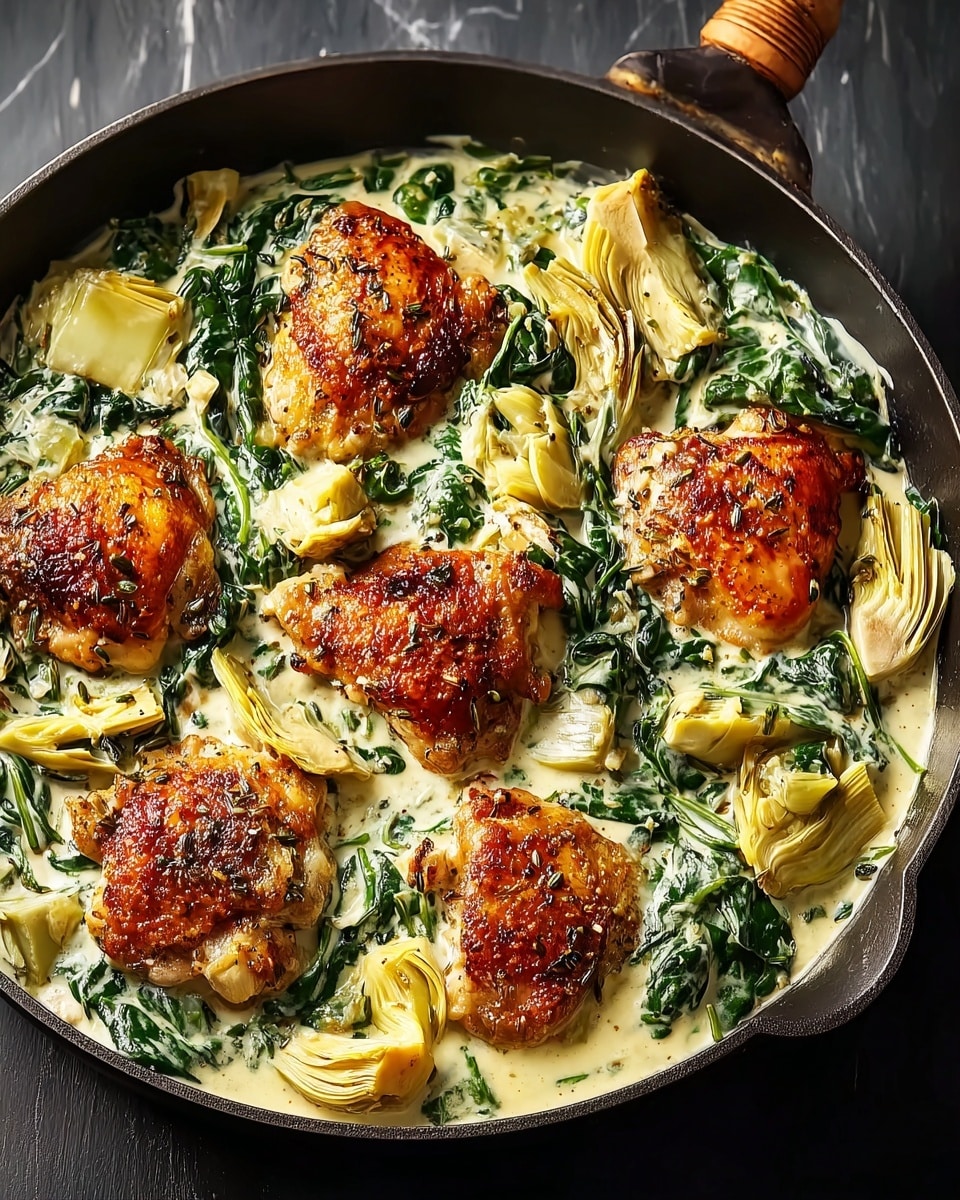 A close-up of a black skillet filled with six browned chicken pieces sitting on a creamy white sauce mixed with wilted green spinach and pale green artichoke heart quarters scattered around. The chicken has a crispy golden-brown crust with some herbs visible on top. The creamy sauce has a smooth texture with bits of herbs throughout, and the spinach adds a slightly wrinkled leafy texture, blending into the sauce. The artichoke hearts are slightly soft with visible petal layers. The skillet edge is rough and heavy, placed on a white marbled surface. photo taken with an iphone --ar 4:5 --v 7