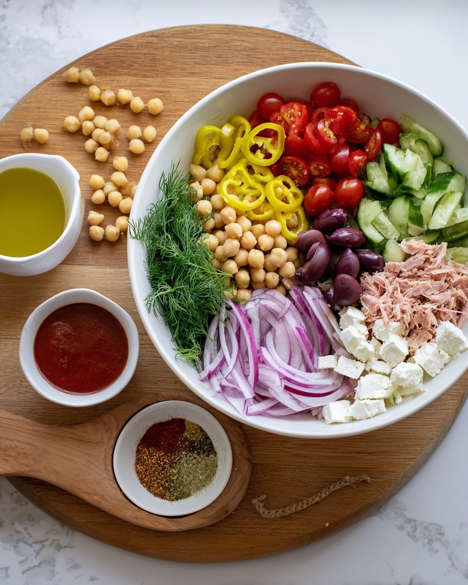 A large white bowl on a white marbled surface holds a colorful Mediterranean salad made of several layers: the base is light tan chickpeas mixed with dark purple olives, scattered with chunks of off-white feta cheese cubes. Over this are slices of bright green cucumbers and halved, red cherry tomatoes. Thin, curved slices of purple onion and small pieces of light green pepper add more color, while some fresh green dill sprigs are sprinkled on top. A white spoon with a grey handle rests inside the bowl, partially covered by the salad. photo taken with an iphone --ar 4:5 --v 7