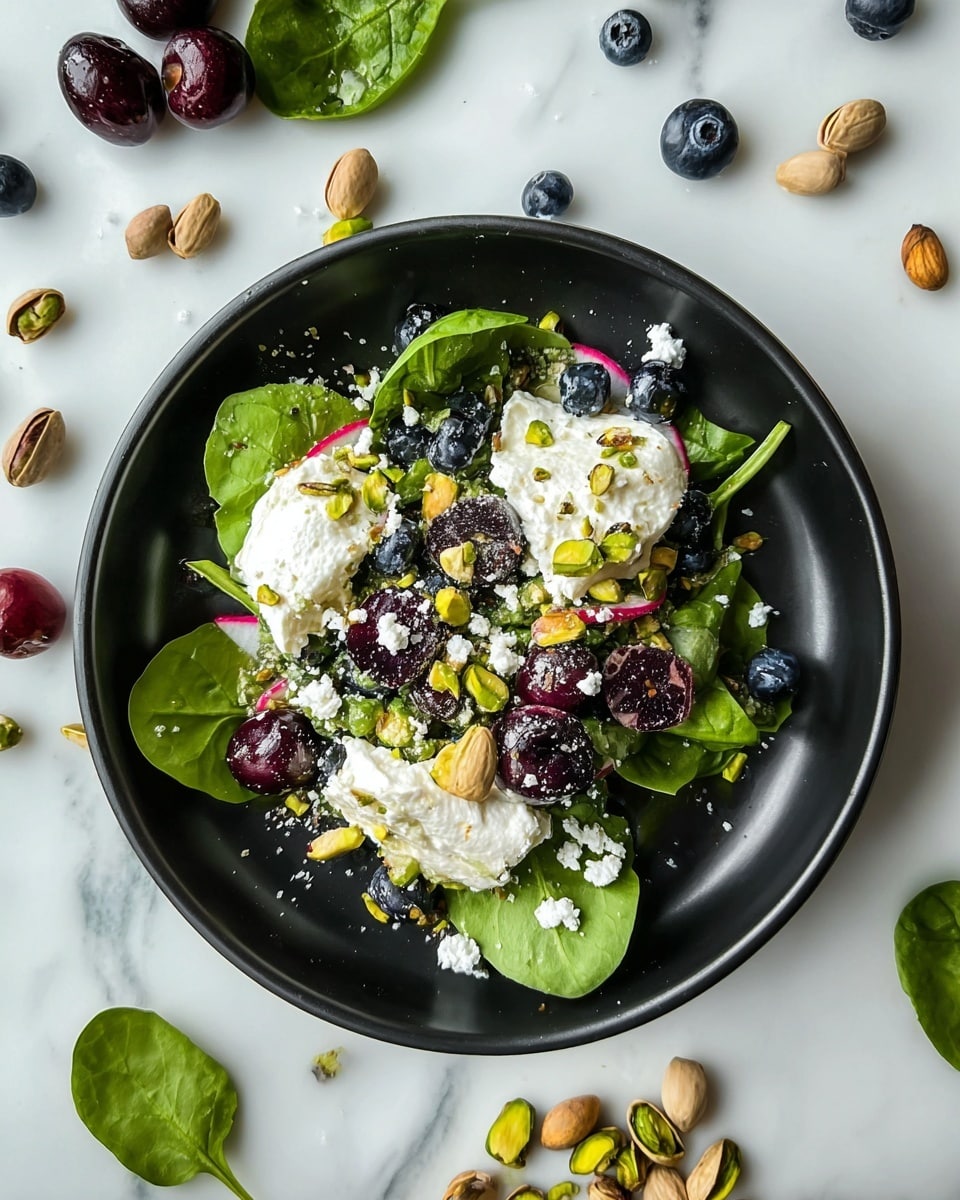A fresh salad served in a round black bowl placed on a white marbled surface, featuring a base layer of bright green spinach leaves, topped with creamy white dollops of soft cheese. On top of the cheese, there are scattered dark red cherries, deep blue blueberries, and sliced light green pistachios mixed with finely chopped herbs. Small pieces of radish add pops of pink and white, and crumbled white cheese is sprinkled lightly over the salad. Around the bowl, loose pistachios, blueberries, and green leaves offer a natural touch. photo taken with an iphone --ar 4:5 --v 7