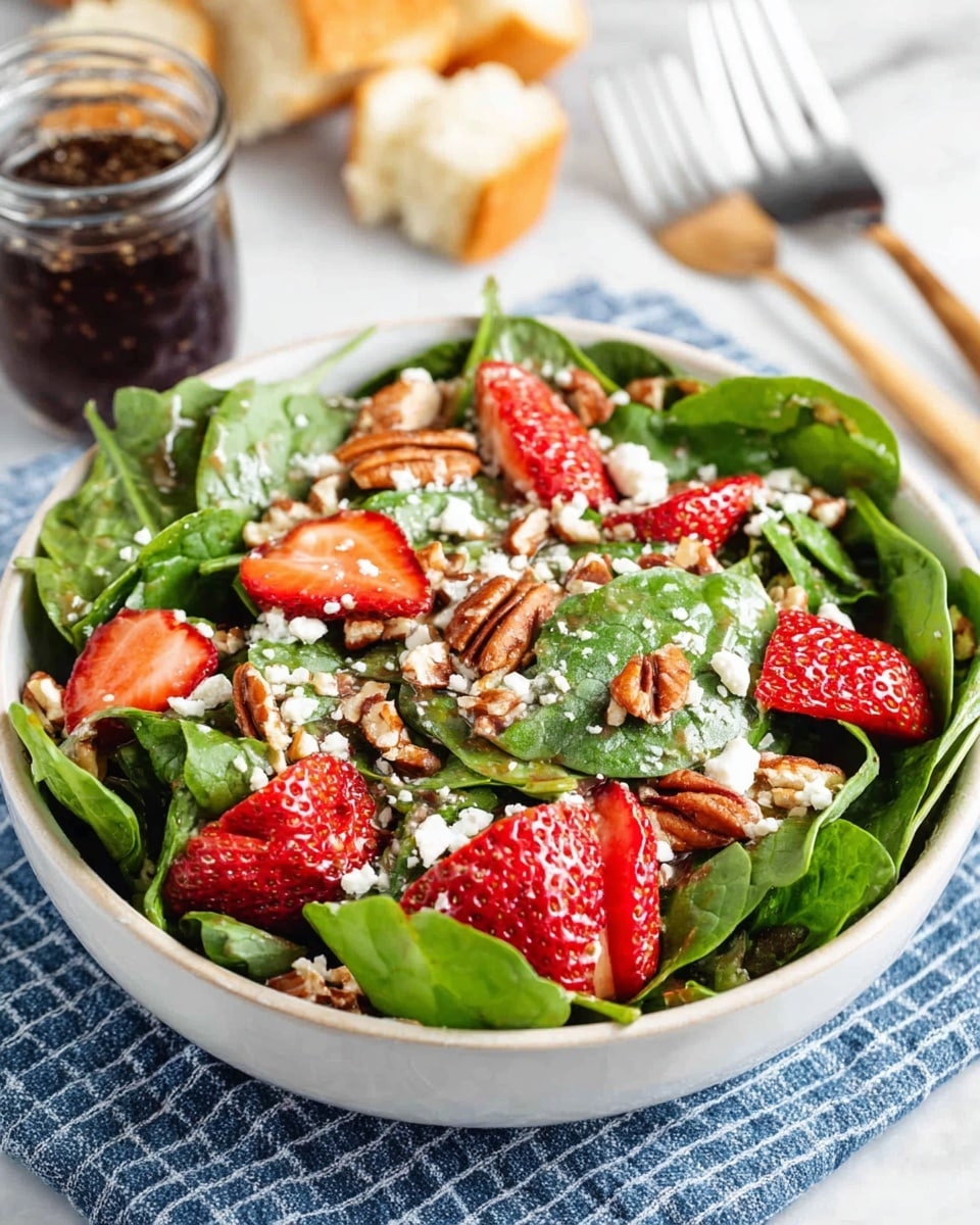 A fresh salad served in a white bowl on a blue checkered cloth over a white marbled surface, made with a base of bright green spinach leaves, topped with juicy red strawberry slices, white crumbled cheese, and light brown pecan pieces scattered on top. In the background, there is a small glass jar with dark dressing and a white fork next to broken pieces of bread. The salad looks crisp and colorful with a mix of textures and vibrant colors. photo taken with an iphone --ar 4:5 --v 7