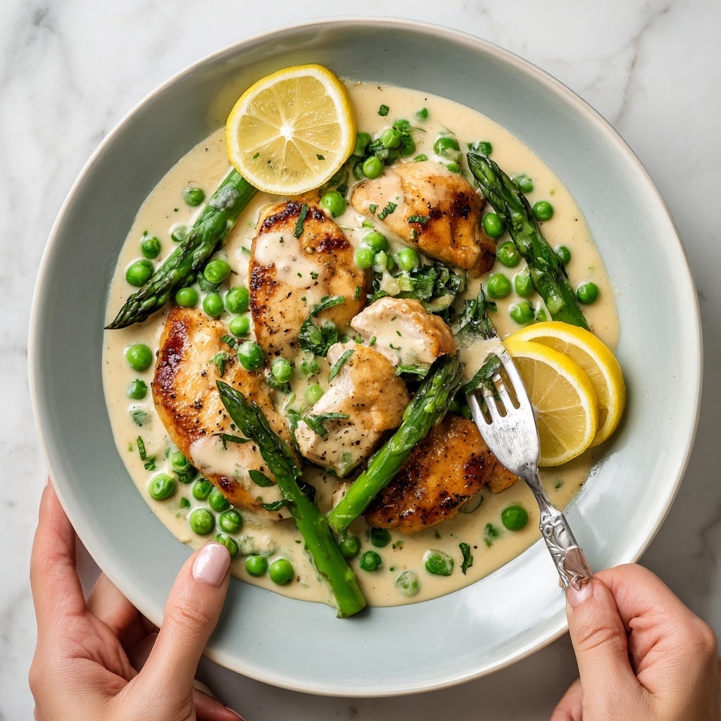 The dish shows two medium-thick pieces of grilled chicken breast with a golden brown outside, placed on a white plate with a thin blue rim. On top and around the chicken is a creamy light tan sauce mixed with bright green peas and green asparagus spears cut into medium lengths. Two slices of fresh yellow lemon are placed on the right side of the plate. The plate sits on a white marbled surface with a silver fork and knife nearby, and a half lemon in the background. Photo taken with an iphone --ar 4:5 --v 7