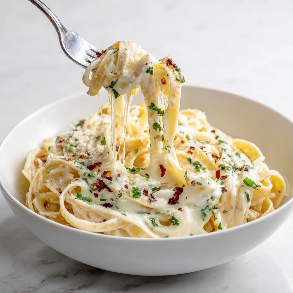 A bowl of creamy spaghetti pasta is shown with spaghetti lifted by a fork from the center. The pasta is coated in a thick, smooth white sauce with a glossy texture. The noodles are light yellow and look soft and tangled, with some sauce dripping from the fork. On top of the pasta, there are small green herb pieces sprinkled evenly and finely grated white cheese covering the surface. The bowl is white, and the background has a white marbled texture. Photo taken with an iphone --ar 4:5 --v 7