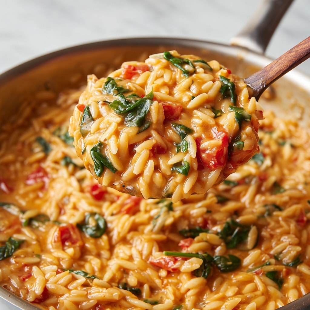 A white bowl filled with creamy orange orzo pasta mixed with small pieces of green herbs and chunks of roasted red tomato. The orzo pasta looks soft and coated in a smooth sauce, with some grated white cheese sprinkled on top. The bowl is placed on a white marbled surface, with parts of other bowls visible in the background. The dish looks warm and rich with a good mix of colors from the orange pasta, green herbs, and red tomato pieces. photo taken with an iphone --ar 4:5 --v 7