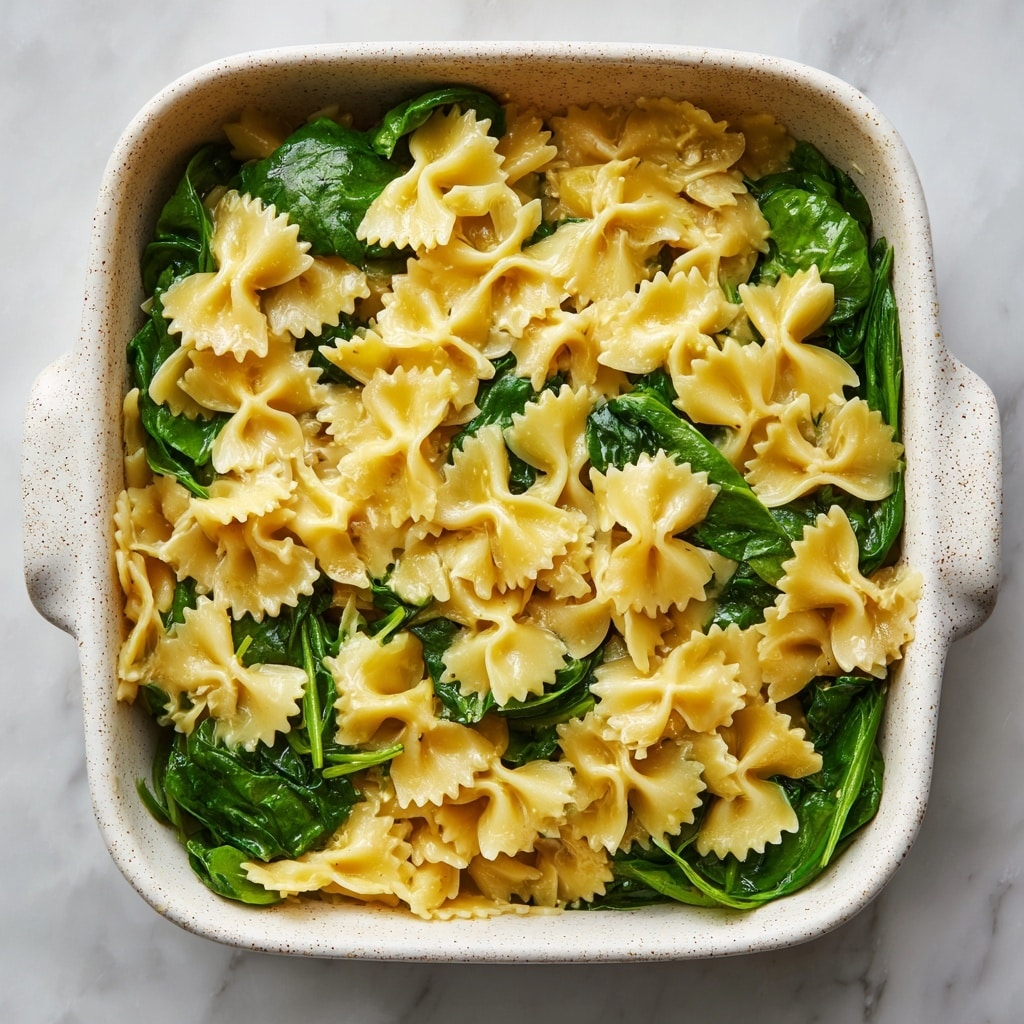 The dish shows a white speckled baking dish filled with two main layers: the bottom layer consists of fresh green spinach leaves spread evenly, while the top layer is covered with a thick pile of cooked yellow farfalle pasta, shiny and soft, resting over the spinach. The farfalle pasta has a smooth texture with a gentle sheen that suggests light oil or butter coating. The background is a white marbled surface, and soft steam hints the pasta is warm. Photo taken with an iphone --ar 4:5 --v 7
