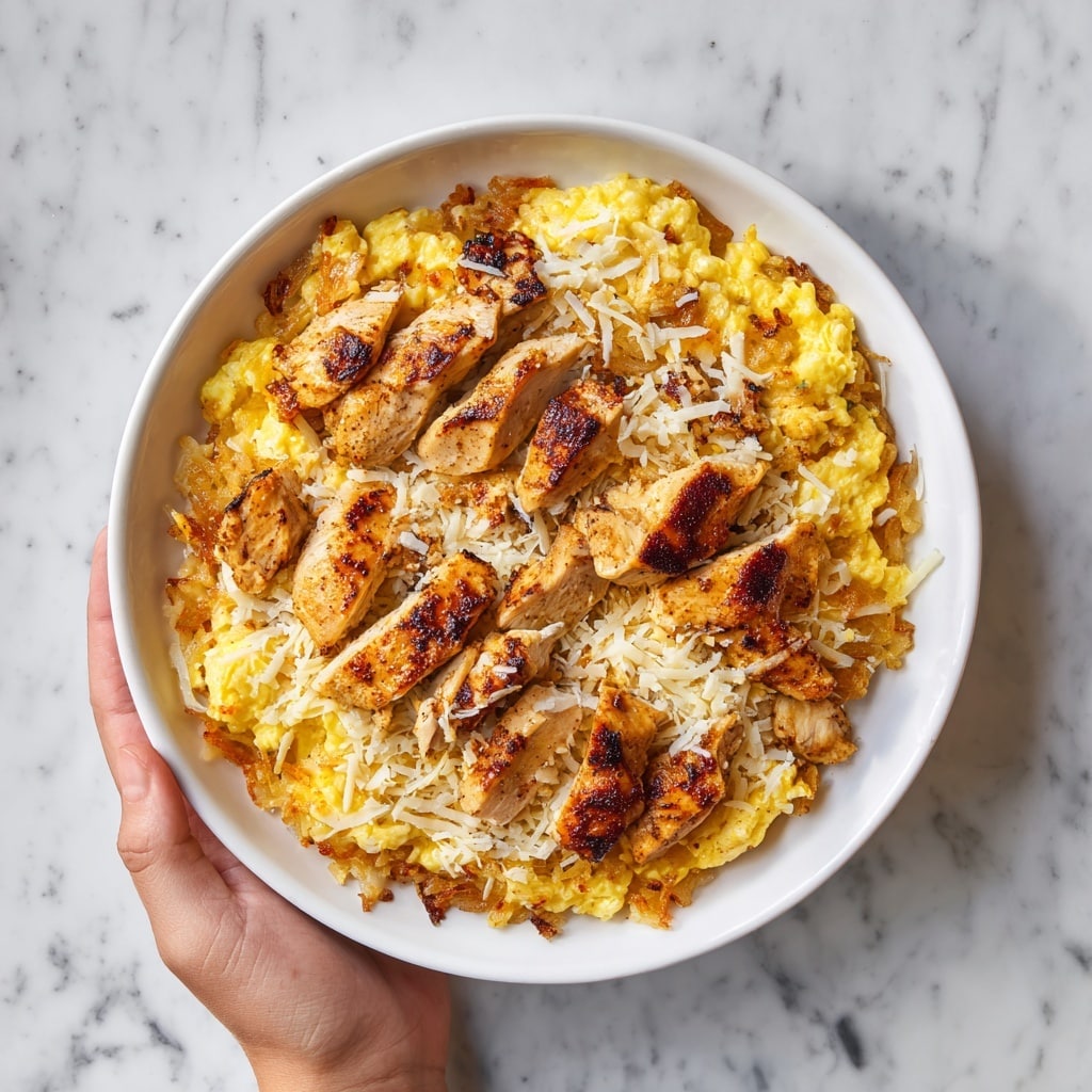 A white plate filled with a bottom layer of crispy, golden-brown hash browns, topped with a thick layer of soft, yellow scrambled eggs. On top of the eggs, pieces of grilled chicken breast with a golden sear are scattered, some showing a slight char. The dish is finished with a light sprinkling of shredded melted cheese, adding a creamy texture and slightly white and orange color. The plate is held by a woman's hand over a white marbled surface. photo taken with an iphone --ar 4:5 --v 7