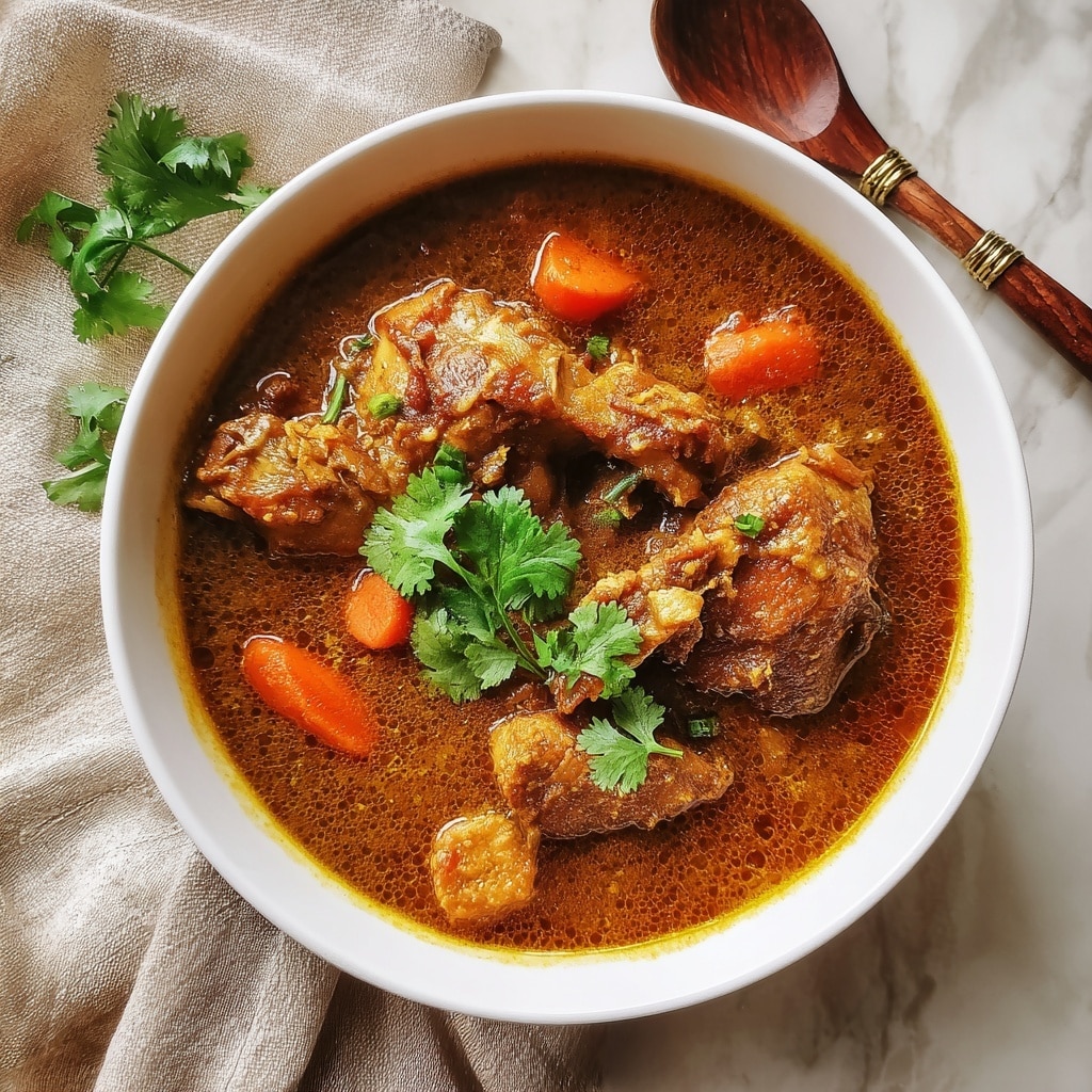 A large silver pot filled with a thick stew simmering on a stove. The stew has multiple layers: a light brown, slightly cloudy broth forming the base, floating above are tender chunks of chicken in yellow seasoning, interspersed with small pieces of soft vegetables like potatoes and orange carrots. The surface shows some steam rising, indicating the heat and freshness of the dish. A silver spoon partly submerged stirs the mix from the right side of the pot. The background is a white marbled texture. photo taken with an iphone --ar 4:5 --v 7