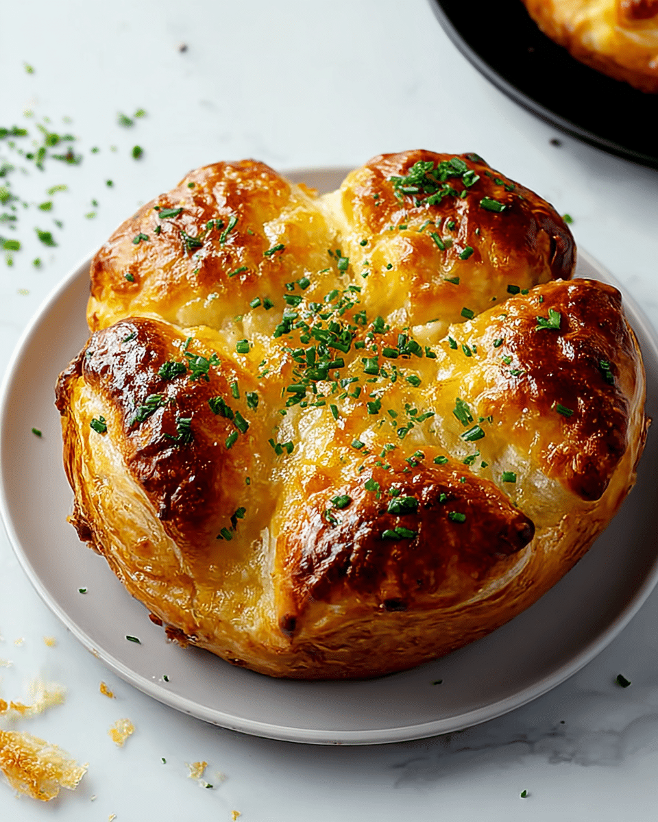 A round, golden-brown pie with a flaky, layered crust visible around the edges, showing multiple thin, crispy layers. The top is covered in a shiny baked cheese layer that is golden with some darker brown spots. Small fresh green herb leaves are scattered evenly across the surface. The pie sits on a dark plate placed on a white marbled texture, with some whole and broken pieces of the pie on parchment paper nearby. Fresh green herbs are spread around the scene, adding natural contrast. Photo taken with an iphone --ar 4:5 --v 7