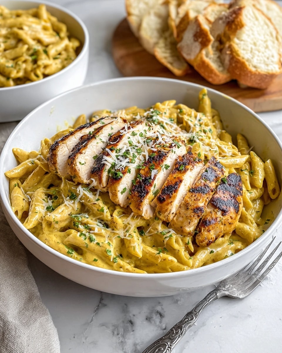 A large white bowl of penne pasta coated in a creamy light yellow sauce with flecks of herbs, topped with several sliced pieces of grilled chicken breast showing golden brown grill marks and a juicy white interior. The pasta and chicken are garnished with finely chopped green parsley and shredded white cheese. Next to the bowl, there is a fork resting on the bowl’s edge. In the background, there is another white bowl filled with the same pasta and chicken, and a white plate holding two thick slices of soft white bread with a golden crust. All items sit on a white marbled surface with a beige cloth nearby. Photo taken with an iphone --ar 4:5 --v 7