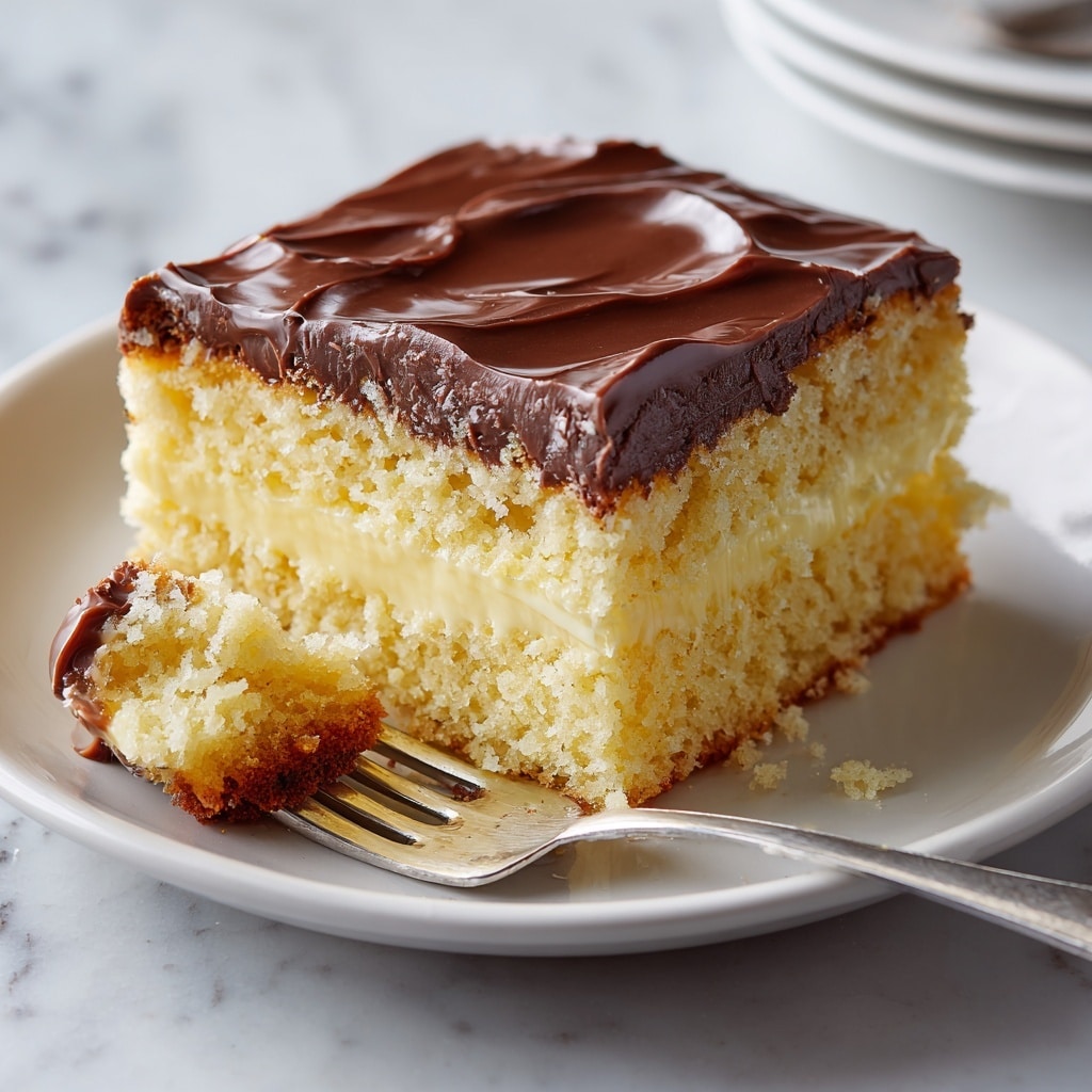 A square piece of yellow cake sits on a white plate, showing three clear layers: the bottom layer is soft yellow cake with a crumbly texture, the middle layer is a smooth, creamy light yellow filling, and the top layer is a thick, shiny dark brown chocolate glaze with a slightly wavy surface. Nearby, a silver fork holds a small bite of the cake with all three layers visible. The plate rests on a white marbled surface. photo taken with an iphone --ar 4:5 --v 7