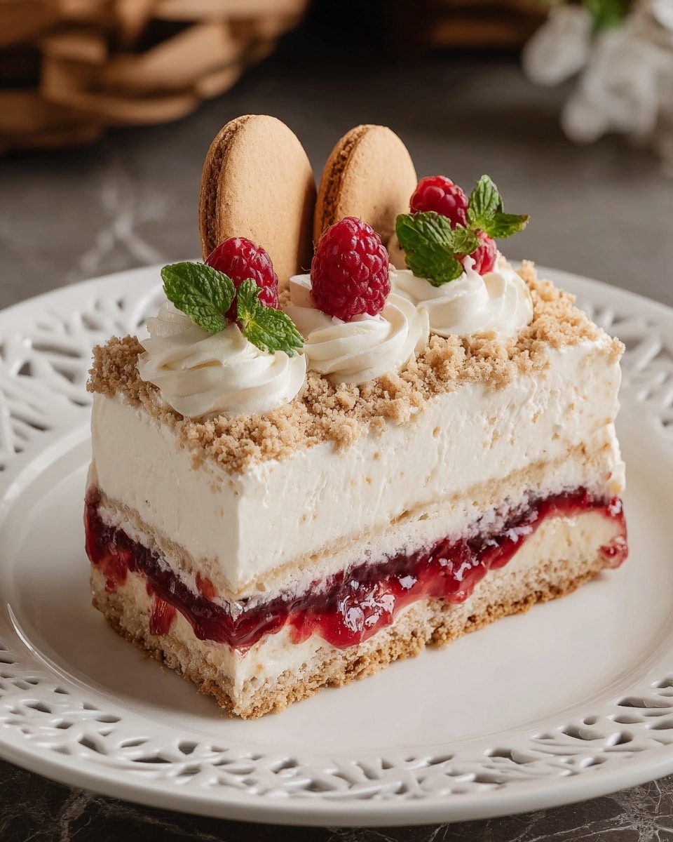 A piece of layered cake on a white plate with detailed edges is shown. The cake has three layers: the bottom layer is a light brown sponge cake with a slightly crumbly texture; the middle layer is a thin, glossy, dark red fruit jam; the top layer is thick, smooth, and creamy white cheesecake filling. The cake's surface is covered with a layer of finely crushed crumbs. It is decorated with dollops of white whipped cream, fresh red raspberries, dark blackberries, small green mint leaves, and oval-shaped brown cookies standing vertically. The setting has a white marbled surface beneath the plate, adding a clean and bright background look. photo taken with an iphone --ar 4:5 --v 7