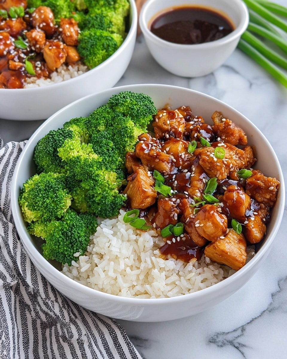 Two white bowls sit on a white marbled surface, each filled with a base layer of fluffy white rice. On one side of the rice, bright green steamed broccoli florets are arranged neatly, showing fresh texture. On the other side, small pieces of glazed chicken, coated in a shiny, dark brown sauce with hints of red, are placed. The chicken is sprinkled with white sesame seeds and small green chopped scallions. In the background, a small white bowl filled with more dark sauce and fresh green scallion stalks lie on a gray and white striped cloth. The image is clear and bright, showing the freshness and vivid colors of the dish, photo taken with an iphone --ar 4:5 --v 7