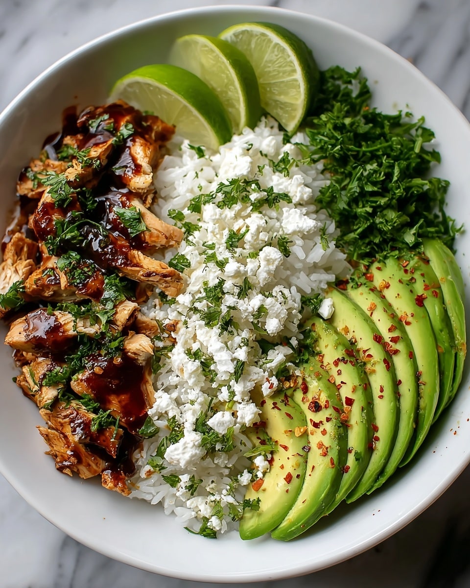 A white bowl on a white marbled surface holds a neatly arranged dish with five main layers. On the left side, there are small pieces of grilled chicken glazed with a dark sauce and sprinkled with chopped green herbs. Beside the chicken, in the center, is a pile of white rice topped with crumbled white cheese and more green herbs. To the right of the rice, several thin slices of bright green avocado are fanned out, sprinkled lightly with herbs and small red flakes. Surrounding the rice on the top and bottom are fresh dark green chopped herbs. Two lime wedges rest at the top edge of the bowl. Photo taken with an iphone --ar 4:5 --v 7