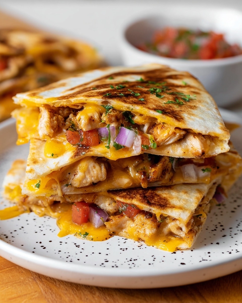 A close-up of a stack of two toasted quesadilla slices on a white plate with black dots, placed on a wooden table. Each quesadilla slice has two layers of light golden brown grilled tortillas with a slightly crispy texture. Inside, the first layer is melted yellow cheddar cheese, followed by a mix of juicy grilled chicken pieces, finely chopped red onions, small green herbs, and diced red tomatoes, creating a colorful and fresh look. The top quesadilla slice is lifted slightly, showing the melted cheese stretching and the filling inside. In the background, there is a small white bowl with chunky salsa, all set on a white marbled surface. photo taken with an iphone --ar 4:5 --v 7
