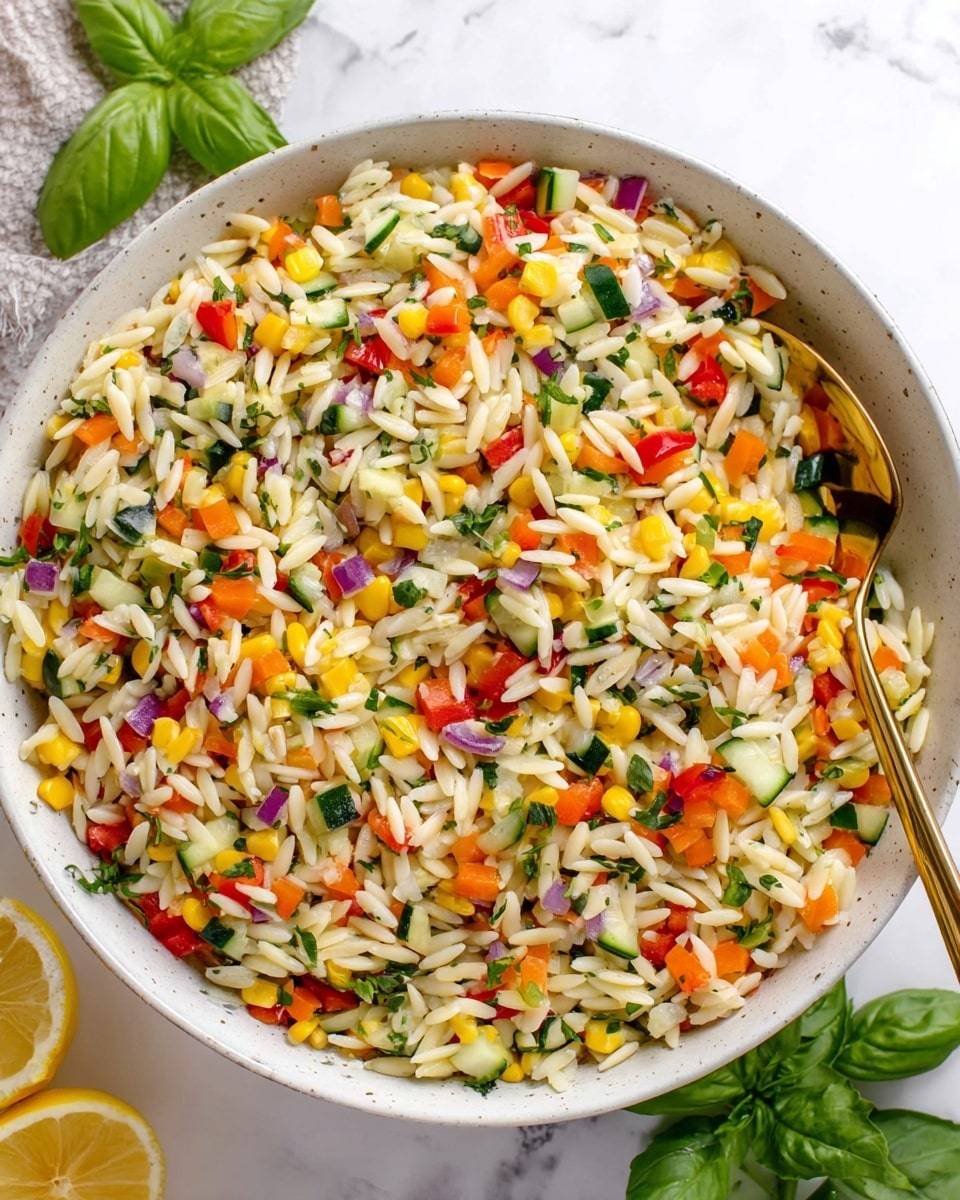 A large white bowl is filled with a colorful orzo salad showing at least three layers: a base of small, pale cream-colored orzo pasta, mixed with finely chopped bright orange, red, and yellow bell peppers, bits of fresh green herbs, small pieces of purple onion, and scattered yellow corn kernels creating a vibrant mix throughout. Three fresh green basil leaves are placed on and around the salad layers for decoration. Around the bowl on a white marbled surface sit a halved yellow lemon, a small wooden bowl with white salt, and green basil leaves. The image includes a light gray cloth napkin in the lower right corner. photo taken with an iphone --ar 4:5 --v 7