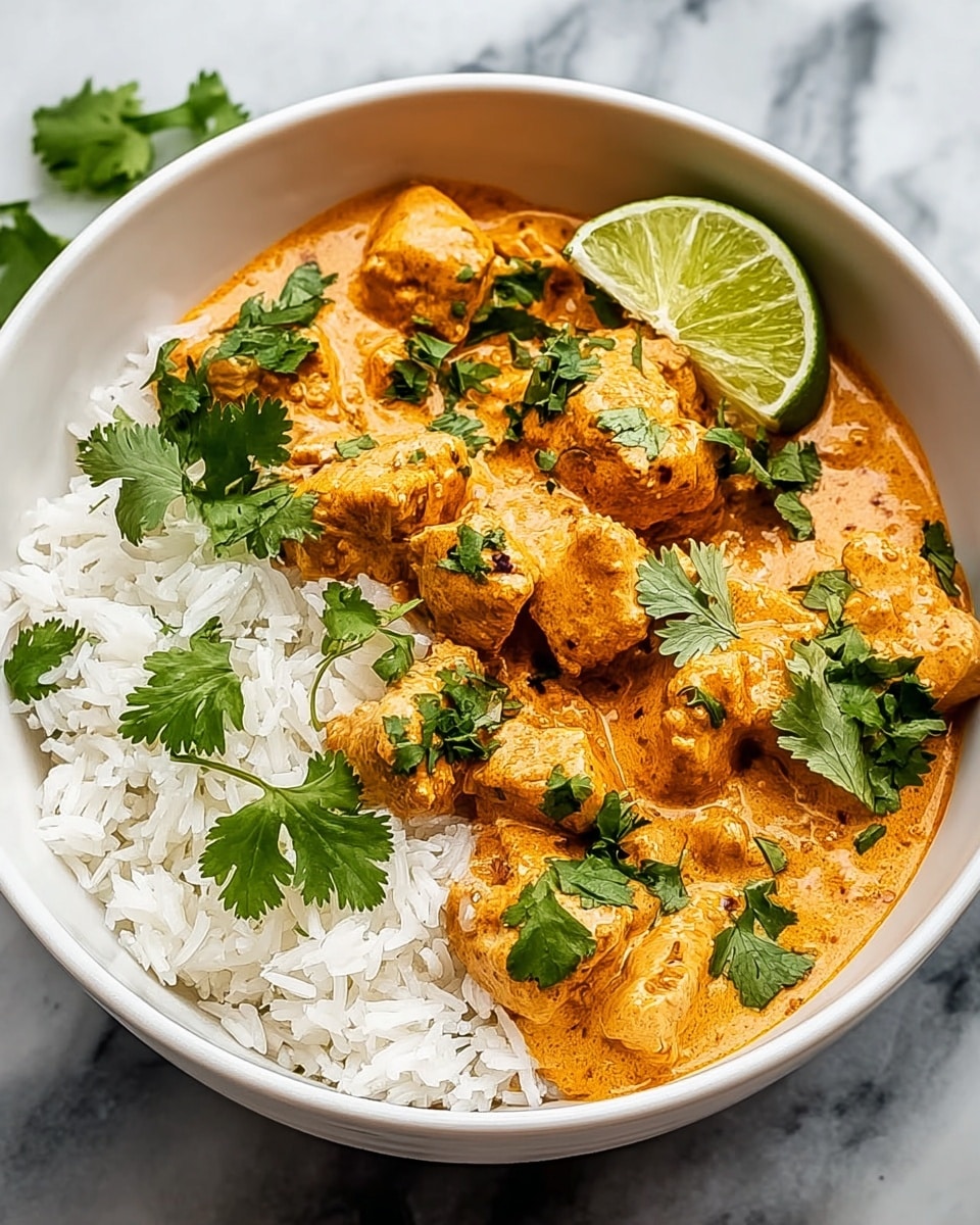 A white bowl filled with two layers: the bottom layer is white cooked rice with a soft and fluffy texture, the top layer is chunks of chicken covered in a creamy orange curry sauce with visible spices, scattered fresh green cilantro leaves on top, and a half slice of bright green lime placed on the side, all set on a white marbled surface. photo taken with an iphone --ar 4:5 --v 7