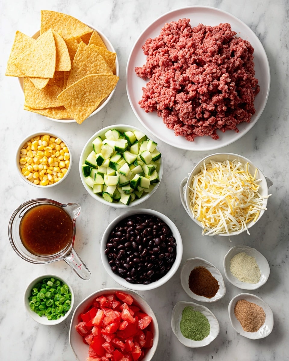 This image shows an arrangement of raw ingredients for a meal laid out on a white marbled surface. In the center is a white plate with a large pile of raw ground beef, pink and red with a coarse texture. To the right, a small white bowl holds chopped green onions, as well as another small bowl of sliced green onions at the bottom left. Near them is a white colander filled with dark black beans, shiny and smooth. Above the colander is a white bowl with shredded white and yellow cheese strands. To the left of the beef are crispy, triangular yellow corn tortilla chips stacked in a fan shape. Above them is a clear bowl filled with diced green zucchini, cube-shaped with pale green flesh. Next to it is a white bowl with chopped red tomatoes, bright and juicy. Above and slightly to the right is a small white plate with four types of powder spices in neat piles: greenish, brown, reddish, and beige. At the bottom left sits a clear measuring cup with a reddish-brown sauce inside, glossy and liquid. Above that is a small white bowl filled with yellow corn kernels, some frosty. The arrangement is neat, and the colors are bright and fresh. photo taken with an iphone --ar 4:5 --v 7