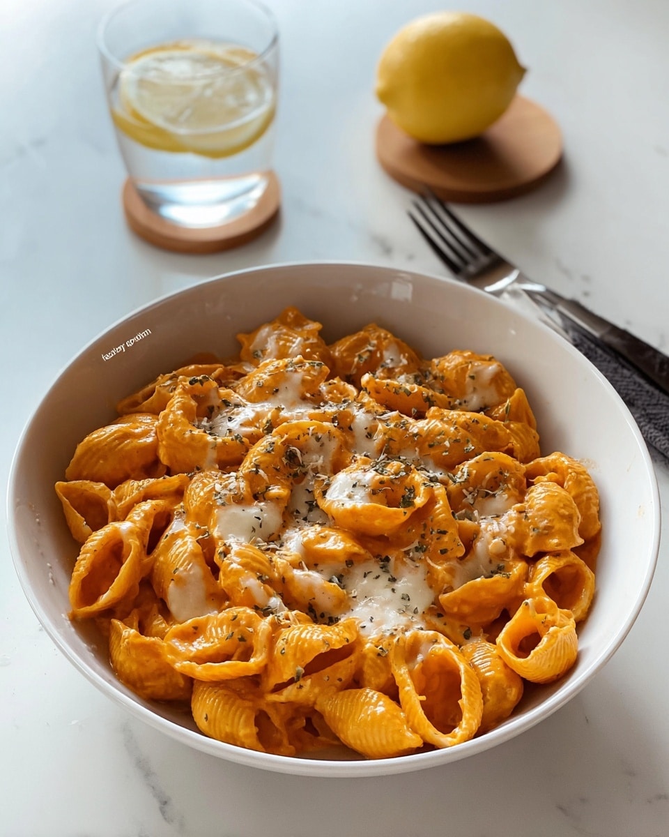 A white bowl filled with orange-colored pasta shells in a creamy sauce, topped with melted white cheese sprinkled with small green herb flakes. The bowl sits on a white marbled surface, near a fork with a dark handle on the left, and a glass of water with a lemon slice inside on a wooden coaster beside half a lemon on the right side. photo taken with an iphone --ar 4:5 --v 7