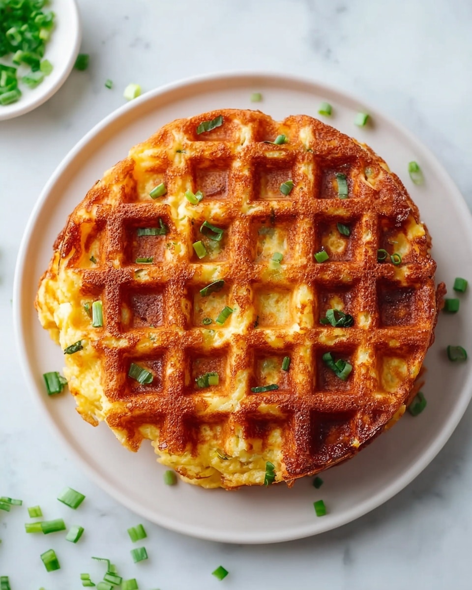 Two golden-brown waffles are stacked on a white plate, each waffle showing a crispy grid pattern with slightly darker, crunchy edges. Visible inside the waffles are bits of melted yellow cheese and green onion pieces, adding texture and color contrast throughout. The waffles have a soft, fluffy interior with chunks of ham or bacon mixed in, giving a rich, savory feel. Some chopped green onions are scattered around the plate, enhancing the fresh look. The plate sits on a white marbled surface, with a soft-focused background featuring slices of yellow cheese on another white plate. photo taken with an iphone --ar 4:5 --v 7