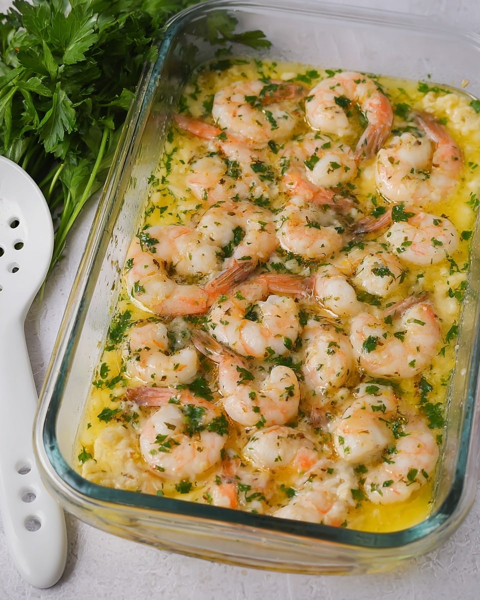 The image shows a clear rectangular glass baking dish filled with cooked shrimp sitting on a white marbled textured surface. The dish contains two main layers: a base of yellow, melted garlic butter sauce with a light oily look, and a top layer of tender, pink and white shrimp scattered evenly. Green chopped parsley is sprinkled across the shrimp, adding color contrast. The shrimp appear juicy and slightly shiny, sitting in the sauce which has some small herbs mixed in. To the side, there is a bunch of fresh green parsley and a white slotted spoon partially visible. Photo taken with an iphone --ar 4:5 --v 7