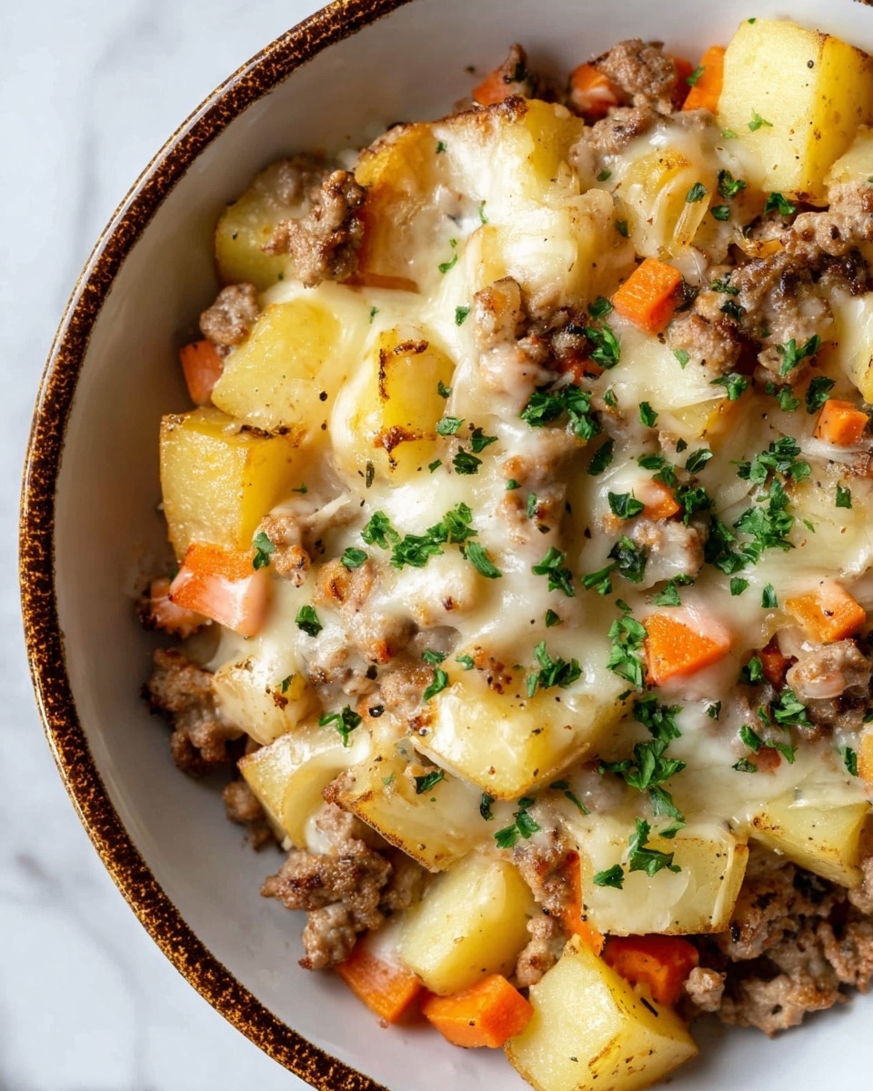 This dish in a white bowl shows a mix of cooked ground meat, chunky yellow potato pieces, and small orange carrot slices. The ingredients are coated with a creamy, light-colored sauce that looks smooth and slightly melted. Small green herb bits are sprinkled on top, adding color and freshness. The bowl sits on a white marbled surface. photo taken with an iphone --ar 4:5 --v 7
