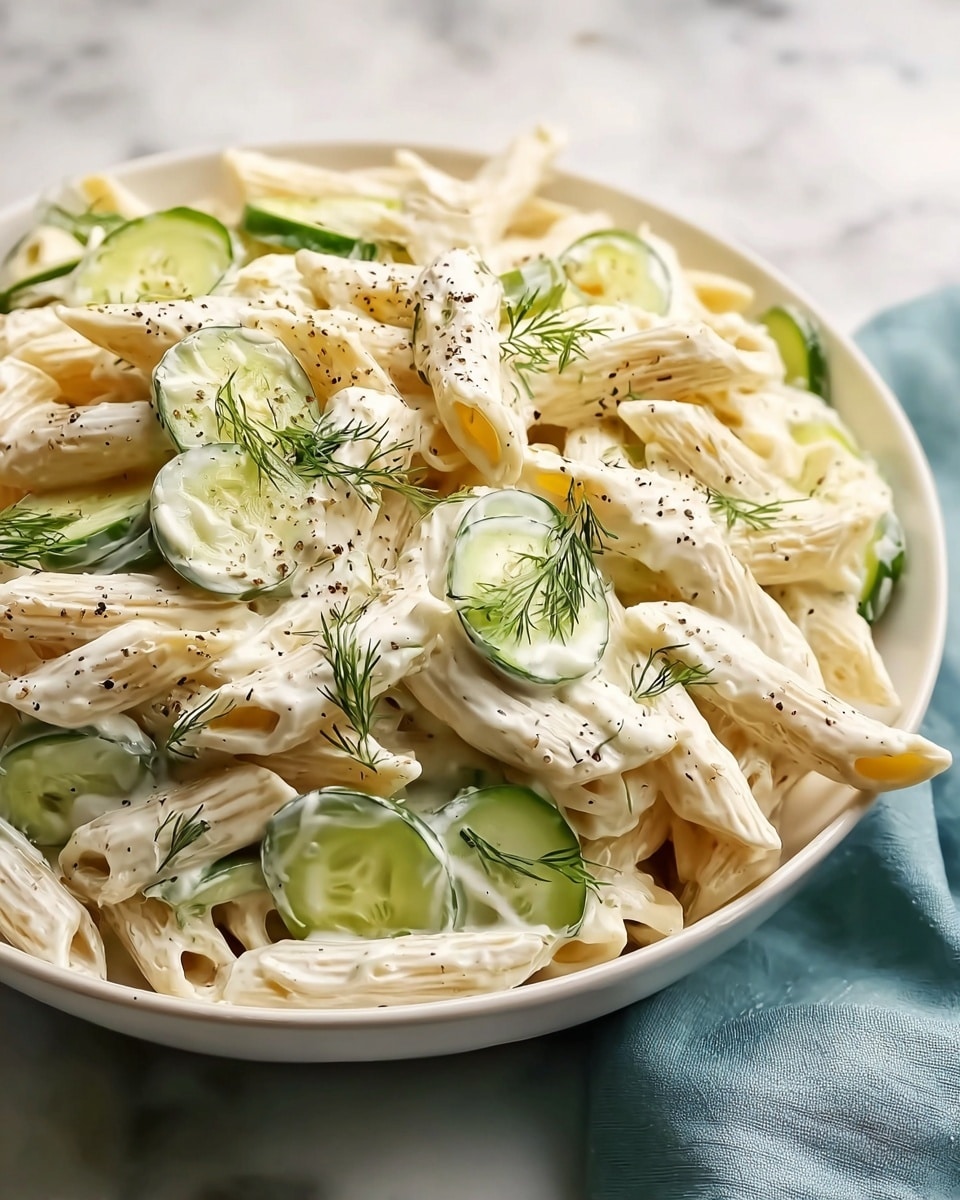 A white bowl filled with creamy pasta salad showing three main layers: creamy white sauce coating the penne pasta, pale yellowish-white pasta pieces with ridges, and thin, slightly translucent green cucumber slices mixed in. Fresh green dill sprigs are scattered on top, along with a sprinkling of black pepper. The bowl sits on a white marbled surface with a soft blue cloth partially visible under it. The textures of the pasta, creamy sauce, and fresh herbs create a fresh and inviting look. Photo taken with an iphone --ar 4:5 --v 7