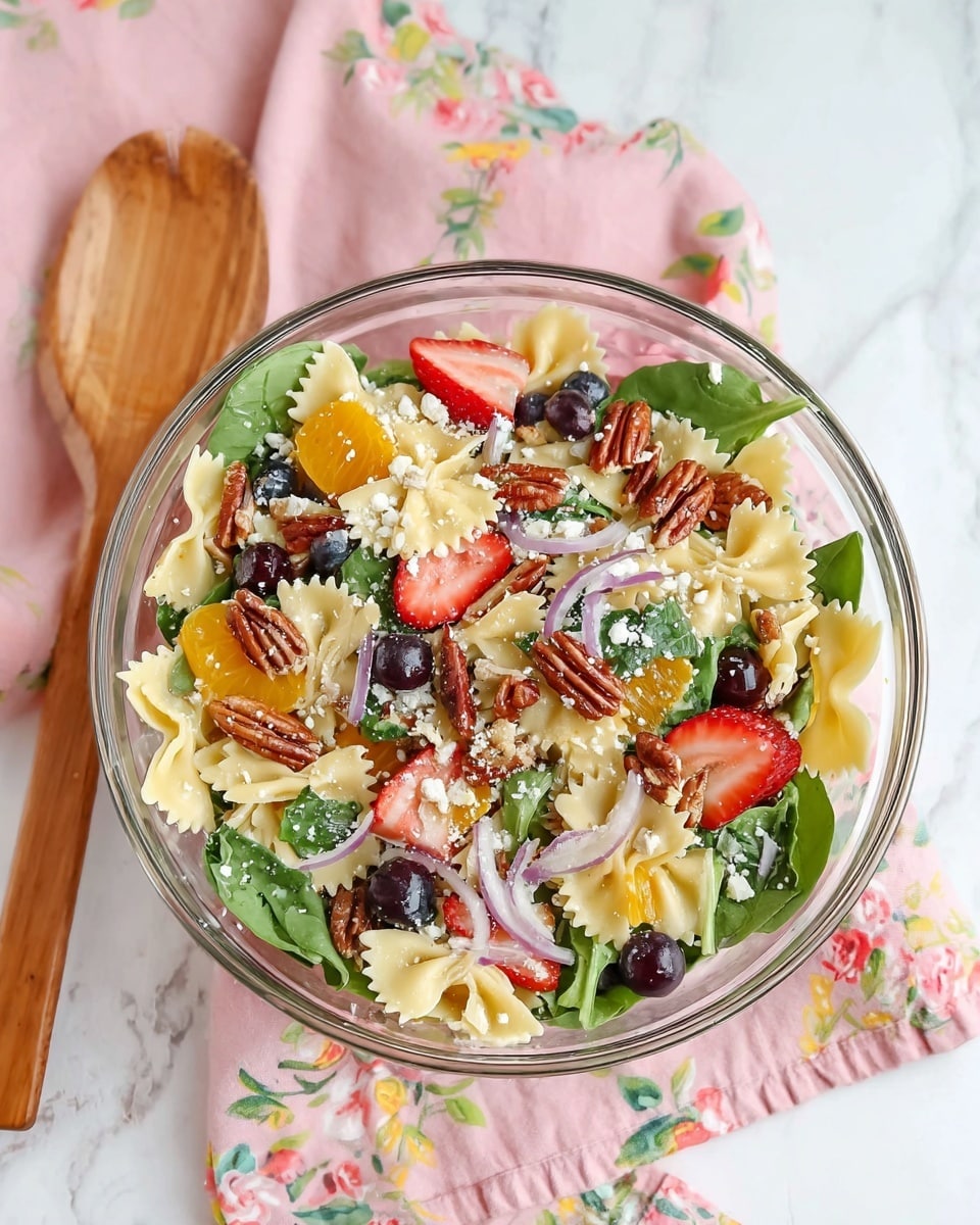 A clear glass bowl filled with a colorful salad, starting with a base layer of light yellow farfalle pasta. Mixed in are bright green spinach leaves and slices of red strawberries. Small orange citrus segments and dark purple grapes add pops of color throughout. Toasted brown pecans and thin slices of light purple onion are scattered on top, along with small white crumbles of cheese. The bowl is placed on a soft pink cloth with a floral pattern, and next to it is a wooden spoon resting on a white marbled surface. photo taken with an iphone --ar 4:5 --v 7