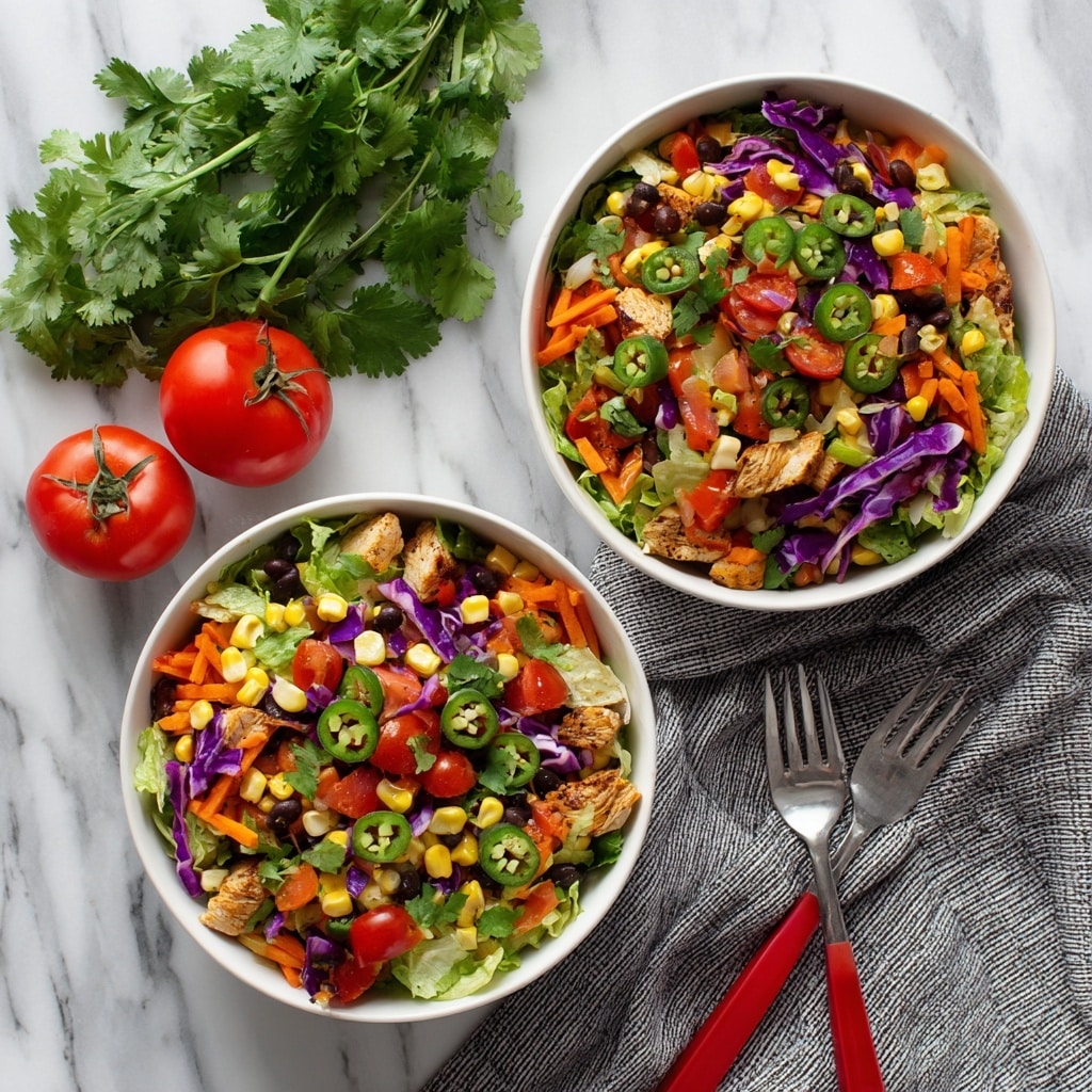 Two white bowls filled with a layered salad, placed on a white marbled surface. The salad has a bottom layer of diced cooked chicken, scattered with black beans and yellow corn kernels. Above this is a colorful mix of sliced red bell peppers, thin orange carrot strips, purple cabbage chunks, and green onion slices. The top is sprinkled with fresh green cilantro leaves. To the right, a whole red tomato and a bunch of cilantro rest on a black and white striped cloth, partially seen. A red-handled spoon is visible on the lower-right corner. Photo taken with an iphone --ar 4:5 --v 7