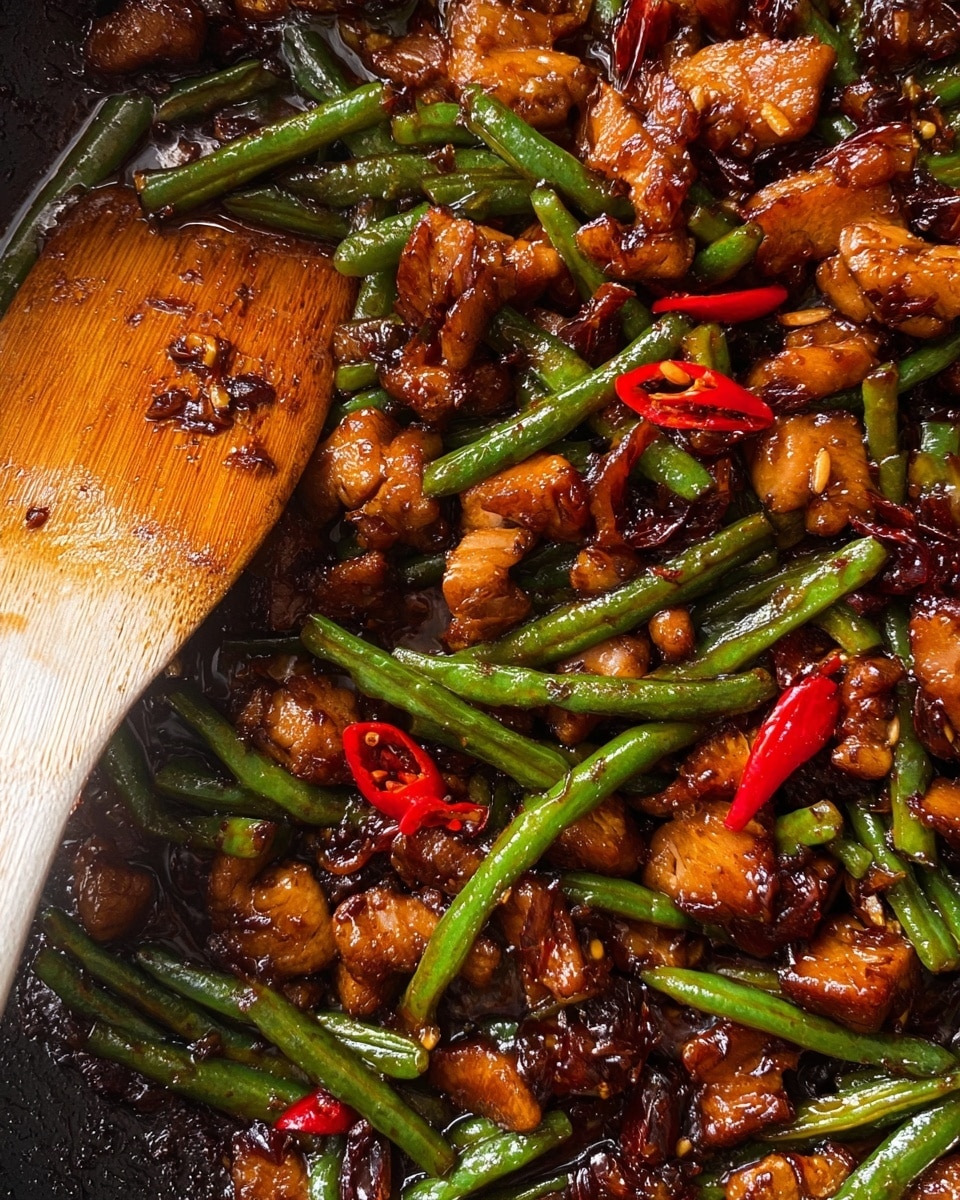 The image shows a close-up view of a stir-fried dish with three main layers. The bottom layer is a dark, glossy sauce that covers the base. Above this, chunks of cooked meat with a shiny, caramelized texture mix with bright green beans cut into short pieces. Scattered throughout are thin slices of red chili peppers, adding a pop of color and texture to the dish. A wooden spatula with some sauce and bits of food rests on the left side, partially mixing the ingredients. The dish appears rich and flavorful, with a mix of soft and slightly crispy textures. Photo taken with an iphone --ar 4:5 --v 7