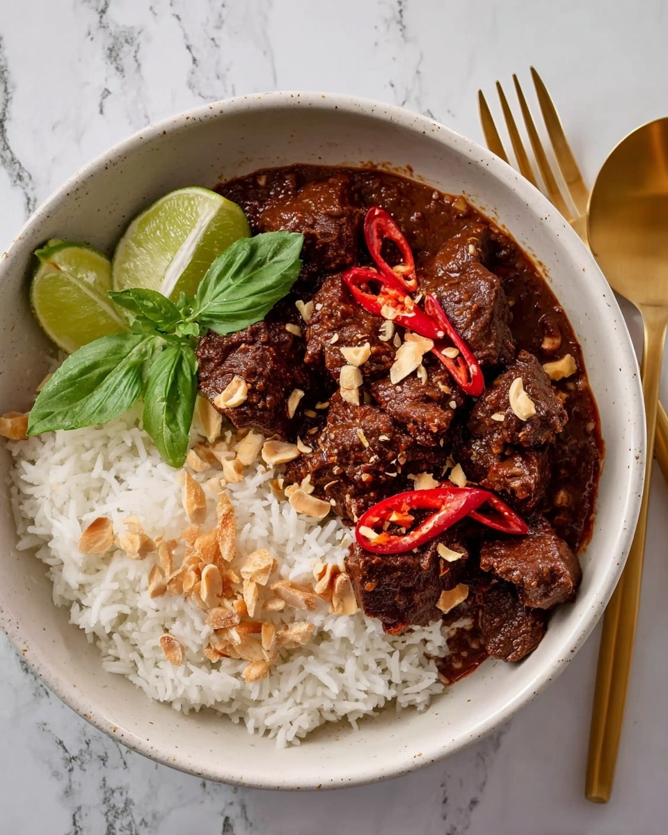 A white bowl holds a dish with two main layers: on the left, chunky pieces of dark brown meat covered in thick, rich reddish-brown sauce, topped with chopped peanuts and a few slices of bright red chili peppers, and a sprig of fresh green basil leaves resting on top; on the right, fluffy white rice with a wedge of lime placed on the edge where the meat and rice meet; the bowl sits on a white marbled surface next to a gold fork and spoon. photo taken with an iphone --ar 4:5 --v 7