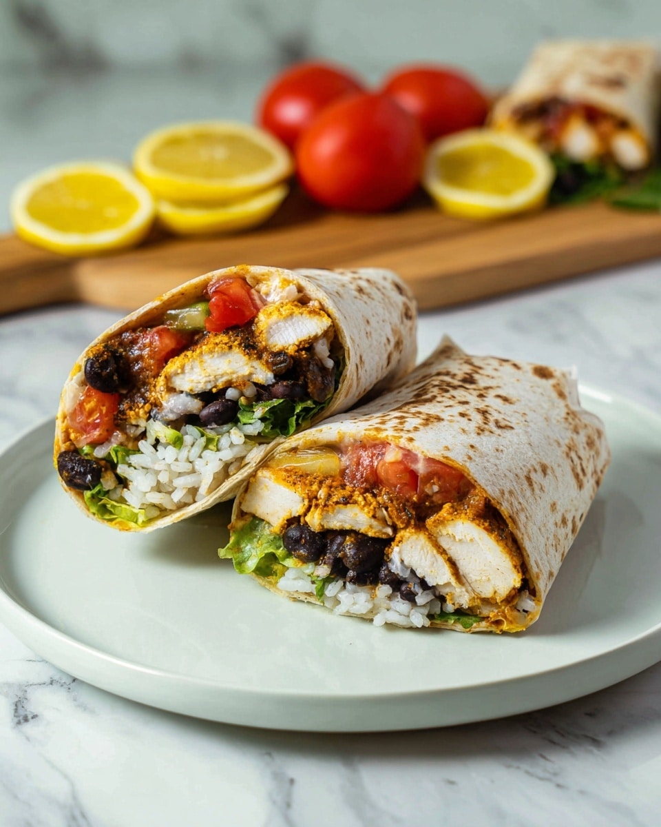 Two burrito halves sit on a white plate showing their fillings. Each burrito has a soft, lightly toasted tortilla wrap with a light brown spotted texture. Inside, there are four visible layers: the outermost layer is fresh, diced red tomatoes, followed by white rice grains mixed with black beans. Next, there is a layer of green leafy lettuce, and finally, a thick piece of grilled chicken with a golden-brown seasoning covers the center. In the blurred background on a wooden board, there are whole burritos along with two red tomatoes and some sliced yellow lemons on a white marbled surface. Photo taken with an iphone --ar 4:5 --v 7