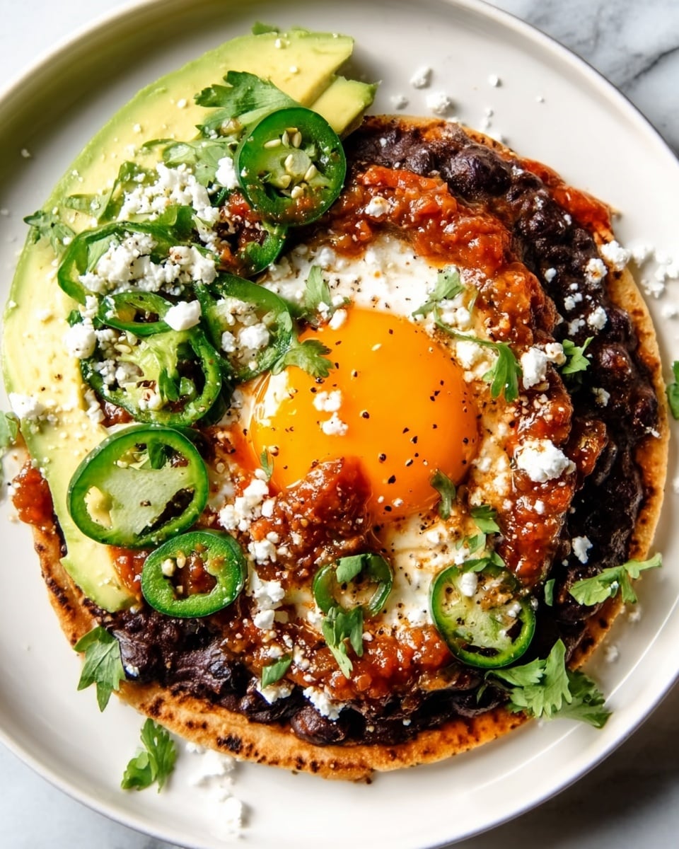 The image shows a white plate holding a flat round tortilla as the base layer, topped with a spread of black beans that have a thick texture. On top of the beans sits a fried egg with a bright orange yolk in the center, surrounded by white egg whites. Around and on the egg are slices of green jalapeño peppers and a chunky red salsa with a rich texture. On one side, thin slices of ripe avocado are neatly arranged, drizzled with a little sauce and sprinkled with crumbled white cheese and chopped fresh green herbs. The whole dish is set on a white marbled surface. photo taken with an iphone --ar 4:5 --v 7