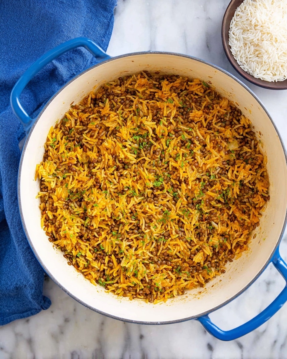 A close-up of a large white plate with a blue pattern around the edge, filled with a mixed dish of yellow and brown cooked rice and lentils. The rice is fluffy with long grains, layered with small brown lentils and thin yellow onion slices spread evenly. Green herbs and sliced green chili peppers are scattered on top, adding a fresh pop of color. A wooden spoon is scooping some of the rice mixture from the center. The plate sits on a white marbled surface with parts of green onions and blue cloth visible in the background. Photo taken with an iphone --ar 4:5 --v 7