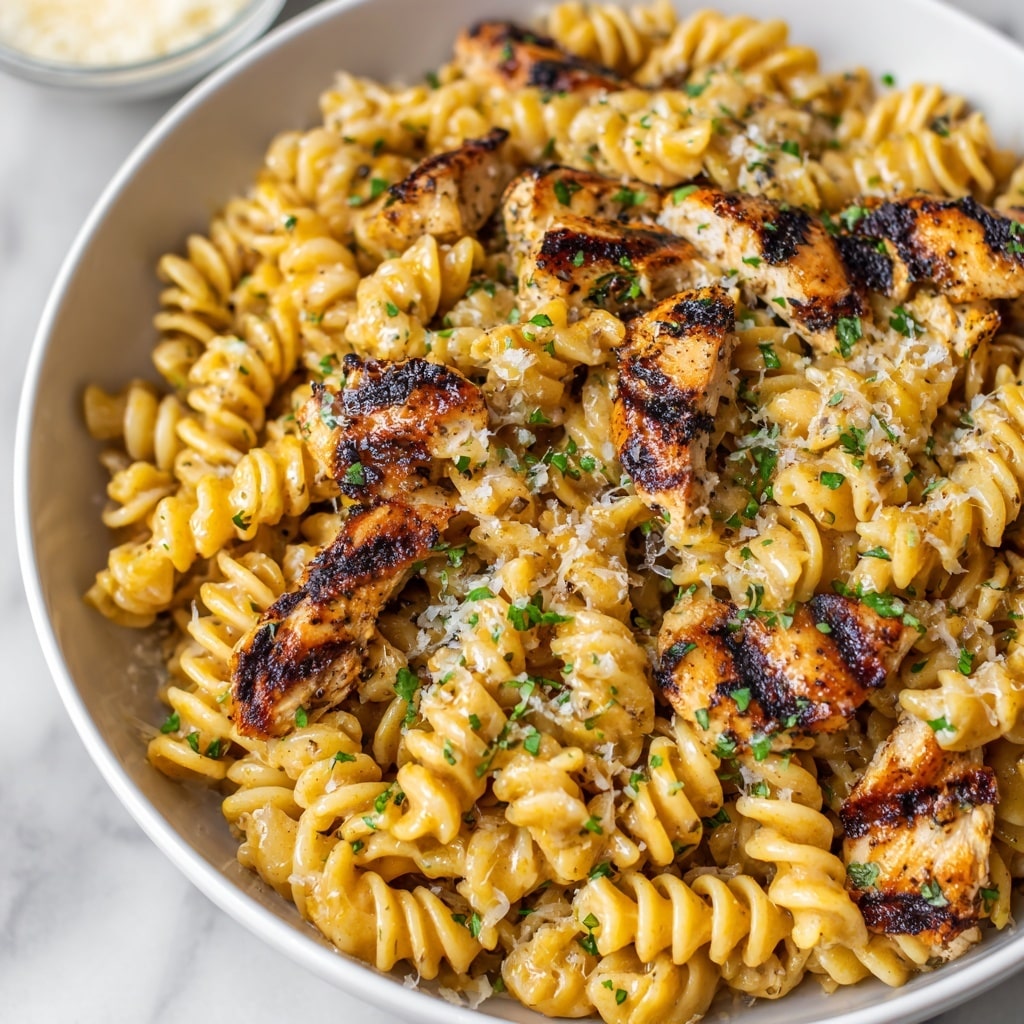 A close-up view of a white bowl filled with creamy pasta and grilled chicken pieces. The pasta is coated in a light brown sauce, giving it a glossy texture, and the chicken pieces are golden brown with char marks, scattered evenly on top and mixed within the pasta. Small green herb bits are sprinkled over the dish, adding a pop of color. The bowl is placed on a white marbled surface, with a blurred bowl of grated cheese visible in the background. photo taken with an iphone --ar 4:5 --v 7
