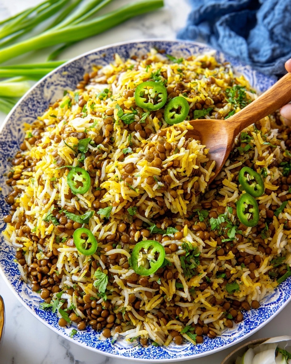The image shows a large white pot with blue handles filled with a cooked mixture of yellowish-orange rice and brown lentils, mixed with small bits of green herbs and spices, giving it a textured look. The rice grains are long and slightly separated, while the lentils add small round shapes throughout. The pot rests on a white marbled surface with a blue cloth on the left side and a small dark bowl filled with white uncooked rice on the upper right corner. The whole scene has a clean and bright appearance. photo taken with an iphone --ar 4:5 --v 7