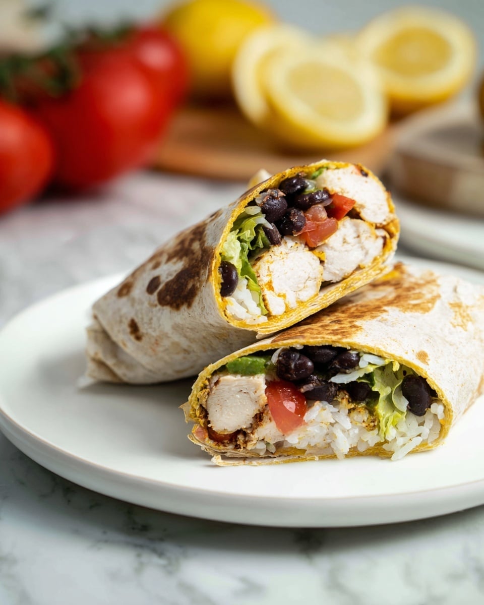 The image shows a close-up of a white plate with two tortilla wraps cut in half, each revealing the inside layers. The outer layer is a light brown toasted tortilla. Inside, layers include white grilled chicken breast with a slight yellow seasoning on top, black beans mixed with cooked white rice, light green lettuce, and diced red tomatoes. In the background, on a white marbled surface, there are whole red tomatoes and lemon halves, slightly out of focus. The overall colors are warm and fresh, giving a clear view of the textures inside the wraps. Photo taken with an iphone --ar 4:5 --v 7