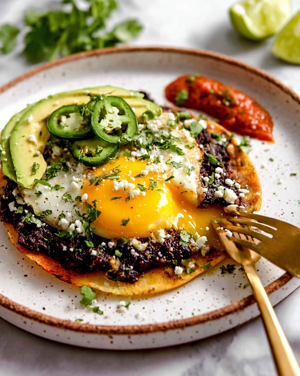 The dish features a single round, lightly toasted tortilla as the bottom layer, topped with a dark, coarse layer of mashed black beans sprinkled with white cheese and chopped green herbs. On top of the beans rests a perfectly cooked sunny-side-up egg with a glossy, bright yellow yolk that is starting to spill slightly, garnished with small green herb pieces. Sliced green jalapeños with visible seeds are placed near the egg, next to a layer of creamy, pale green avocado slices arranged in a small fan shape. There is also a reddish chunky salsa spread in dollops around the edges of the tortilla. All of this is presented on a white plate with a speckled brown rim, set over a white marbled textured surface, with a gold fork pressing lightly on the egg yolk. A wedge of lime and some loose green herbs are scattered in the background. Photo taken with an iphone --ar 4:5 --v 7