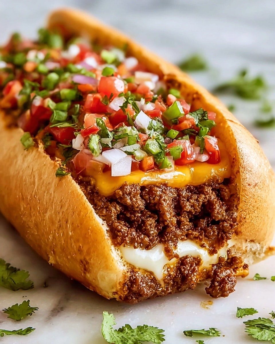 A sandwich with four visible layers inside a lightly toasted golden brown hoagie bun; the bottom layer is seasoned ground beef in dark brown color with a crumbly texture, followed by a layer of melted yellow and white cheese that looks creamy and smooth, topped with fresh diced tomatoes in red, white chopped onions, and bright green chopped cilantro; some cilantro leaves are scattered on a white marbled surface around the sandwich. Photo taken with an iphone --ar 4:5 --v 7